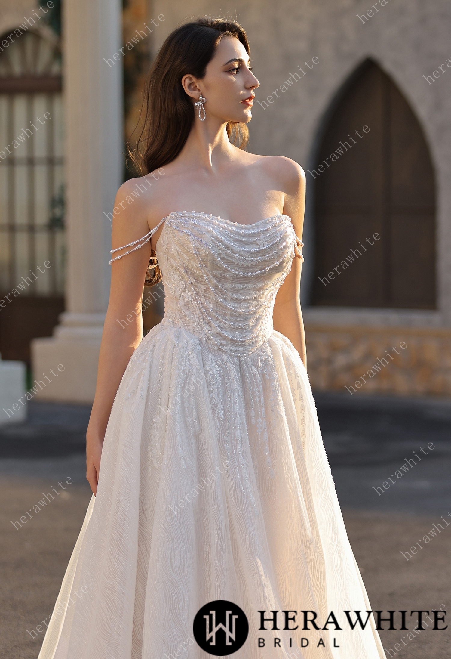 Strapless Ballgown Wedding Dress with Beaded Chain Shoulder Accent