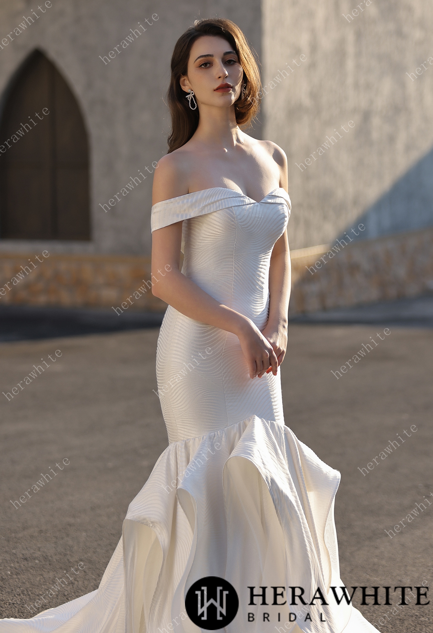 Off-the-Shoulder Textured  Fit And Flare Silhouette Wedding Dress With Ruffle Skirt