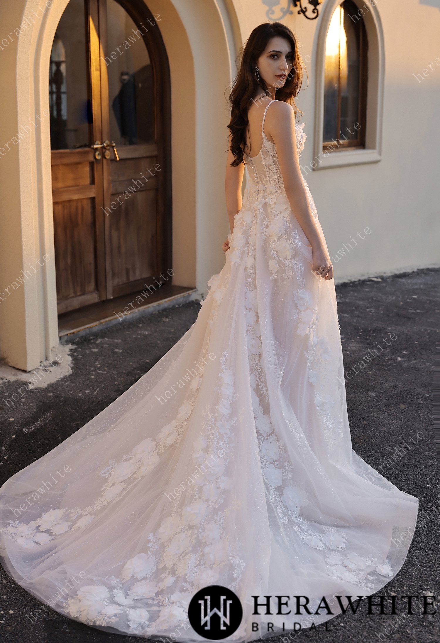 Spaghetti Strap 3D Floral Tulle Wedding Gown – Ethereal Ivory Bridal Dress with Train