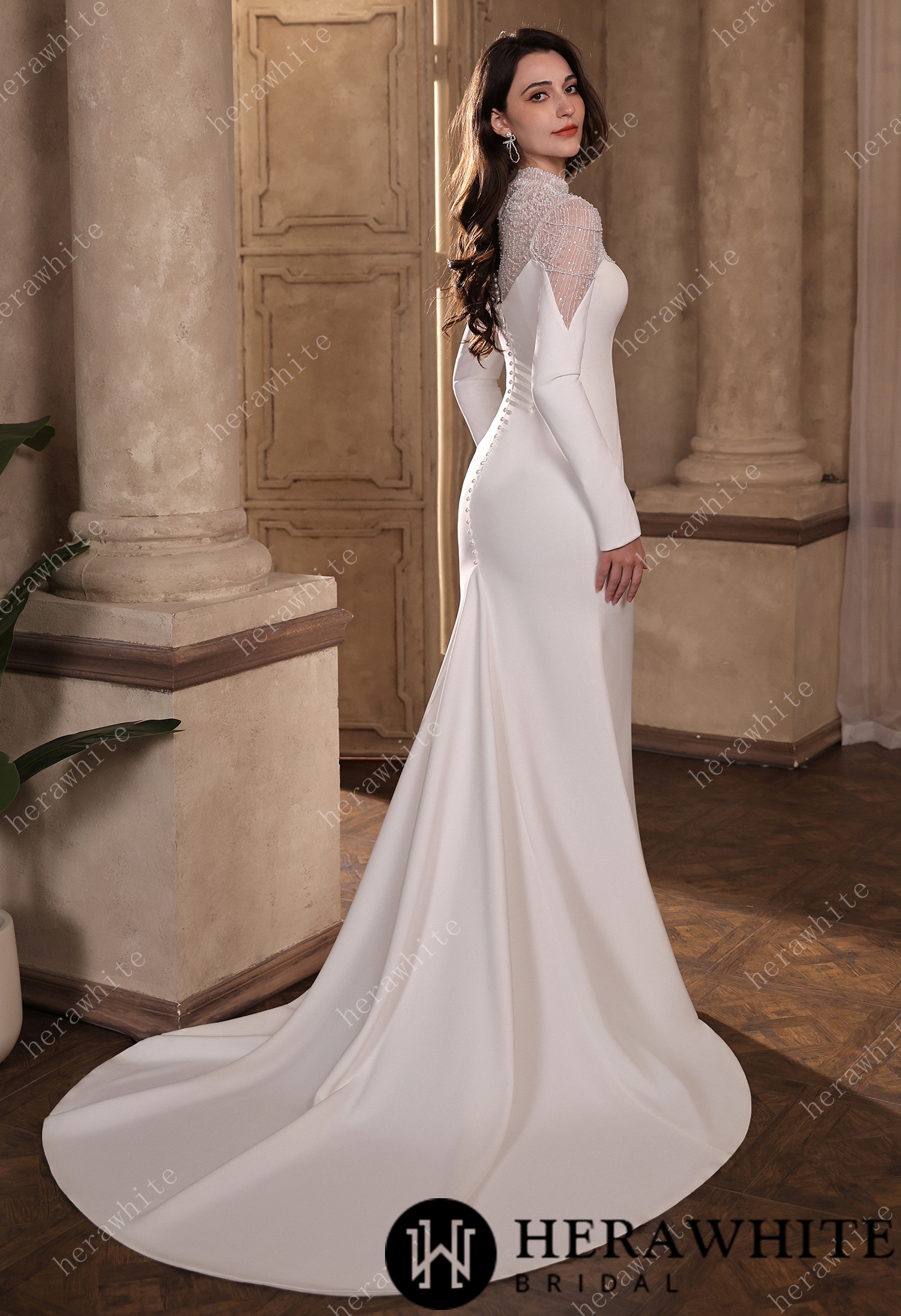 Sparkling Sheer High-Neck Beaded Mesh Long Sleeves Crepe Gown