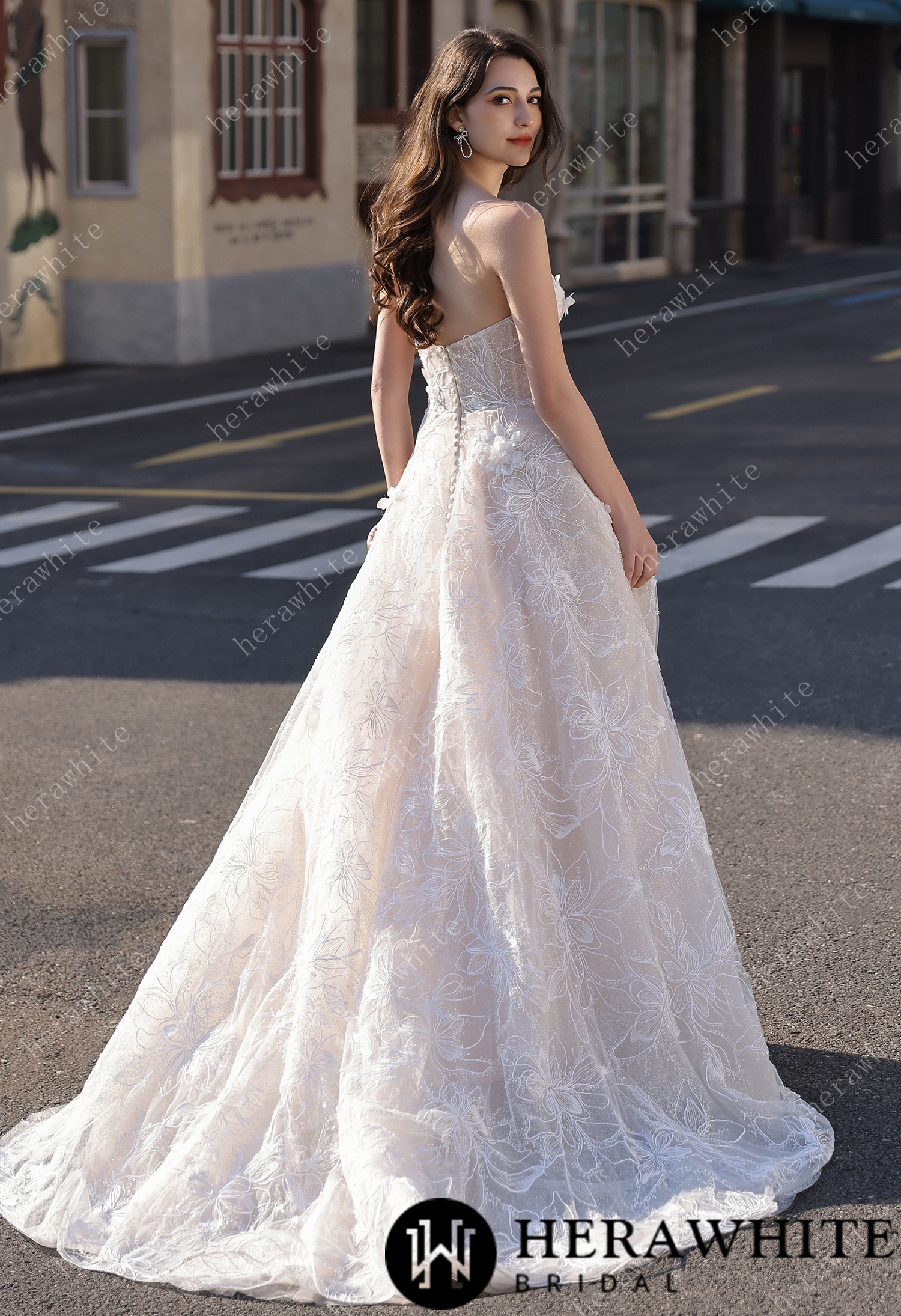 Strapless Sparkle Lace Bridal Gown with 3D Flowers