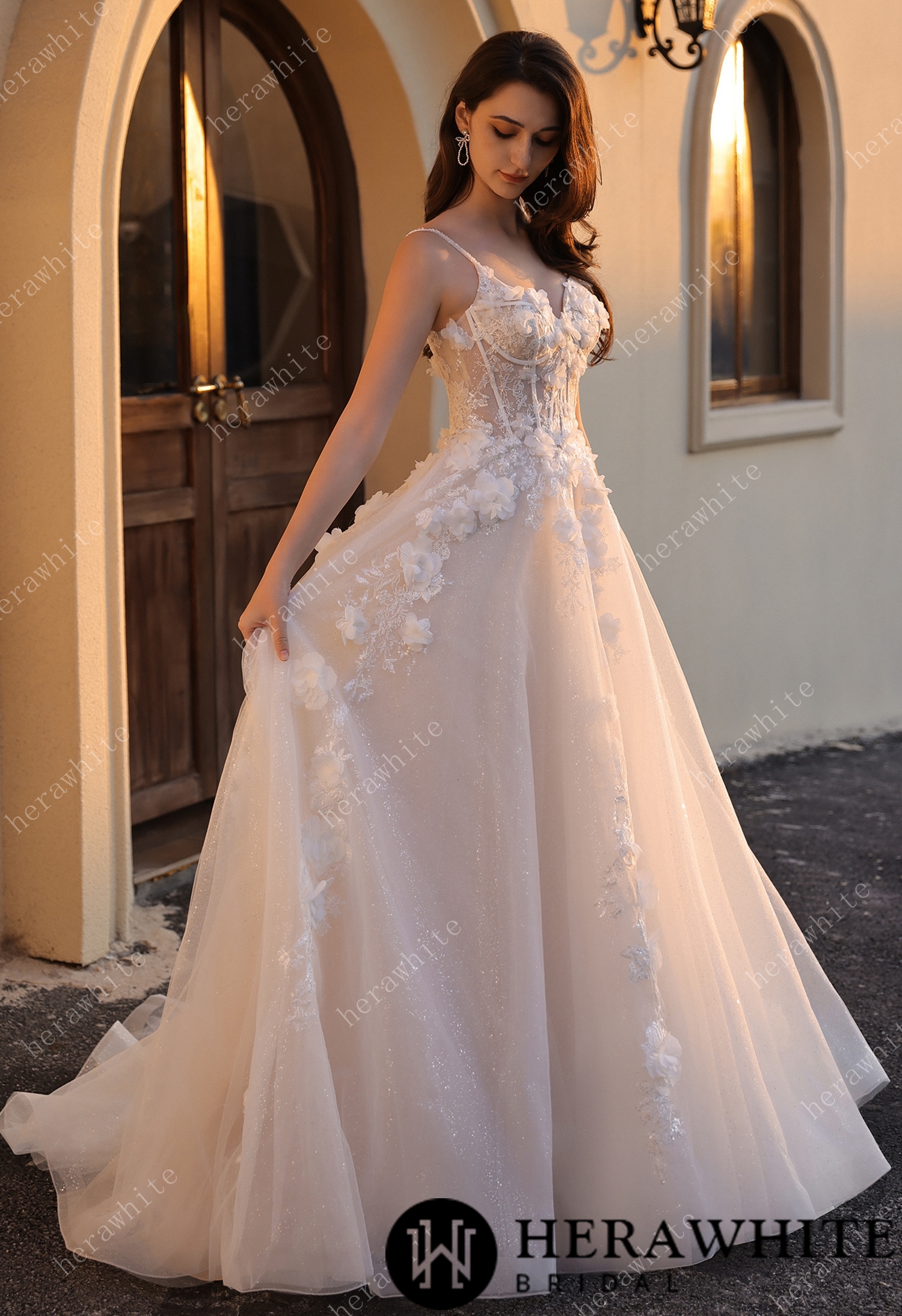 Spaghetti Strap 3D Floral Tulle Wedding Gown – Ethereal Ivory Bridal Dress with Train