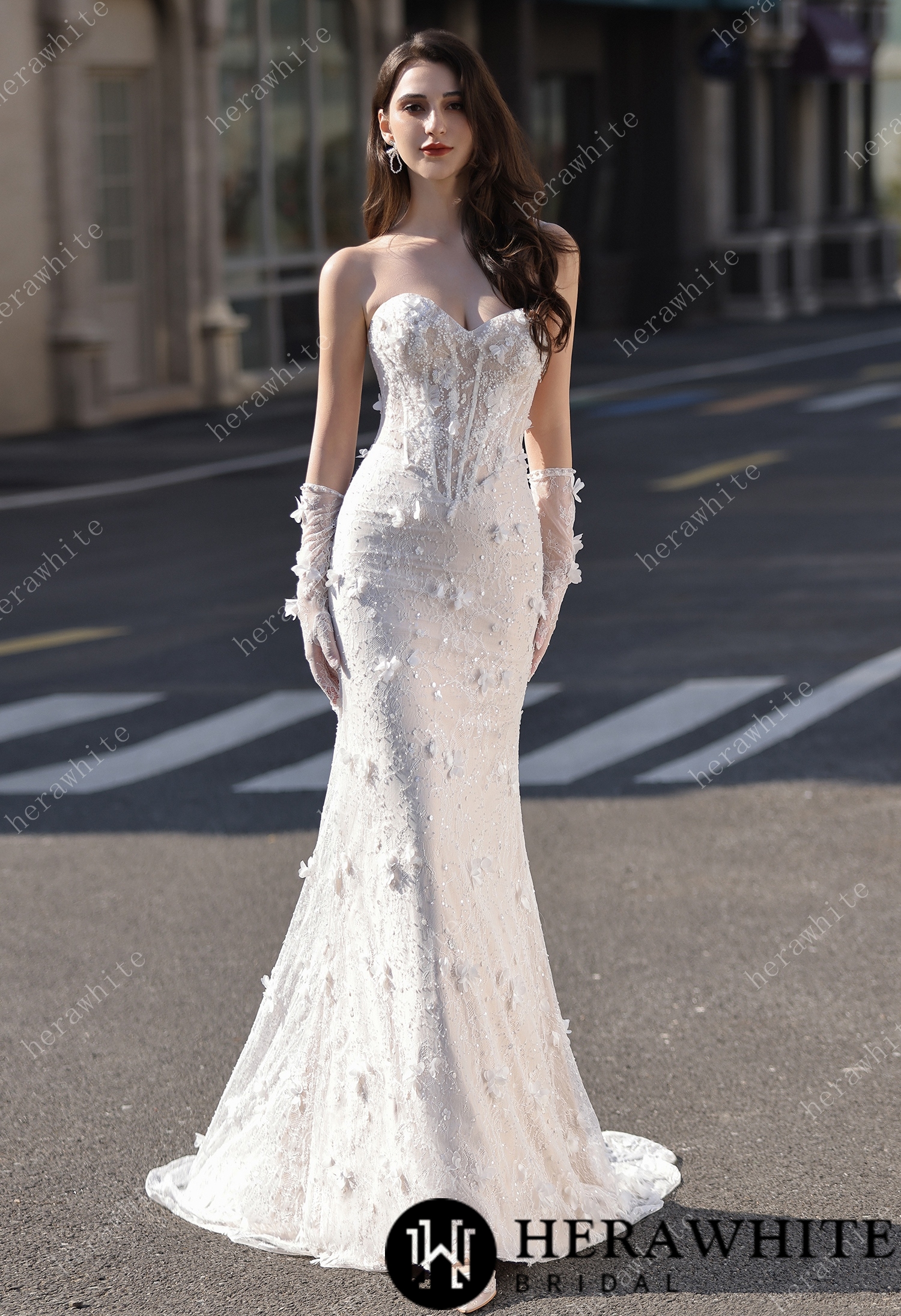 3D Lace Mermaid Silhouette Bridal Gown With Detachable Overskirt