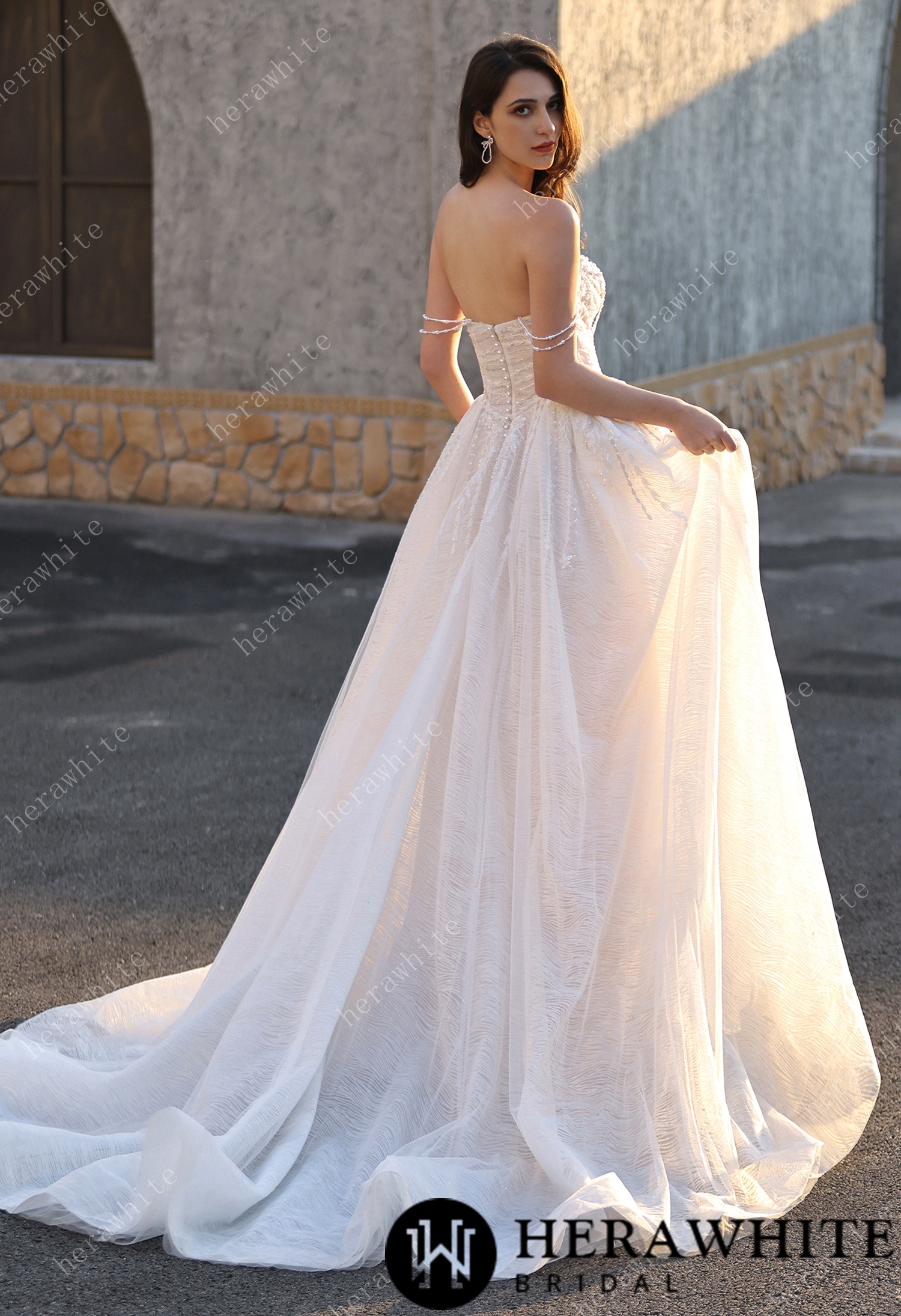 Strapless Ballgown Wedding Dress with Beaded Chain Shoulder Accent