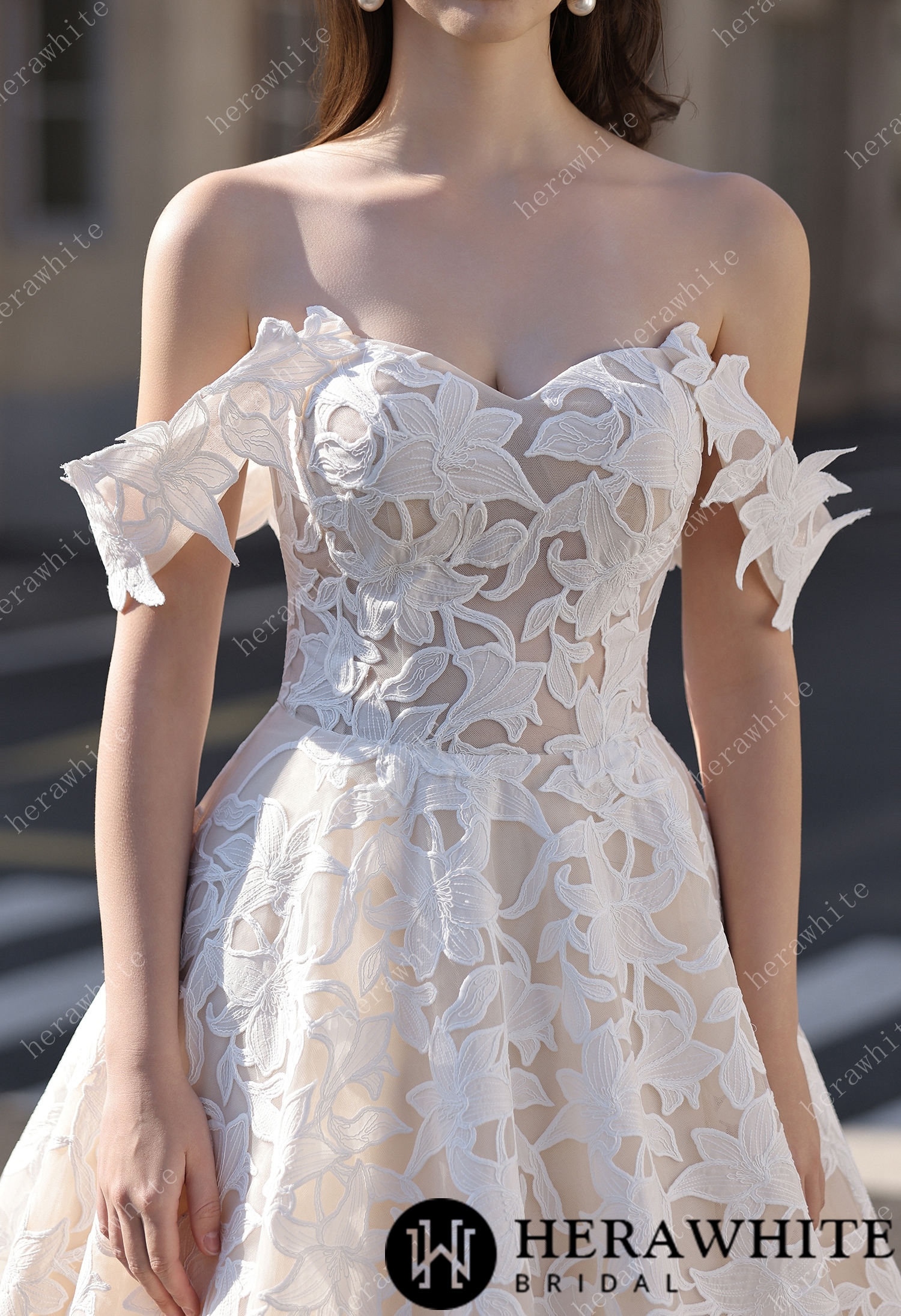 Romantic Off-the-Shoulder  Princess Dress In Floral Lace