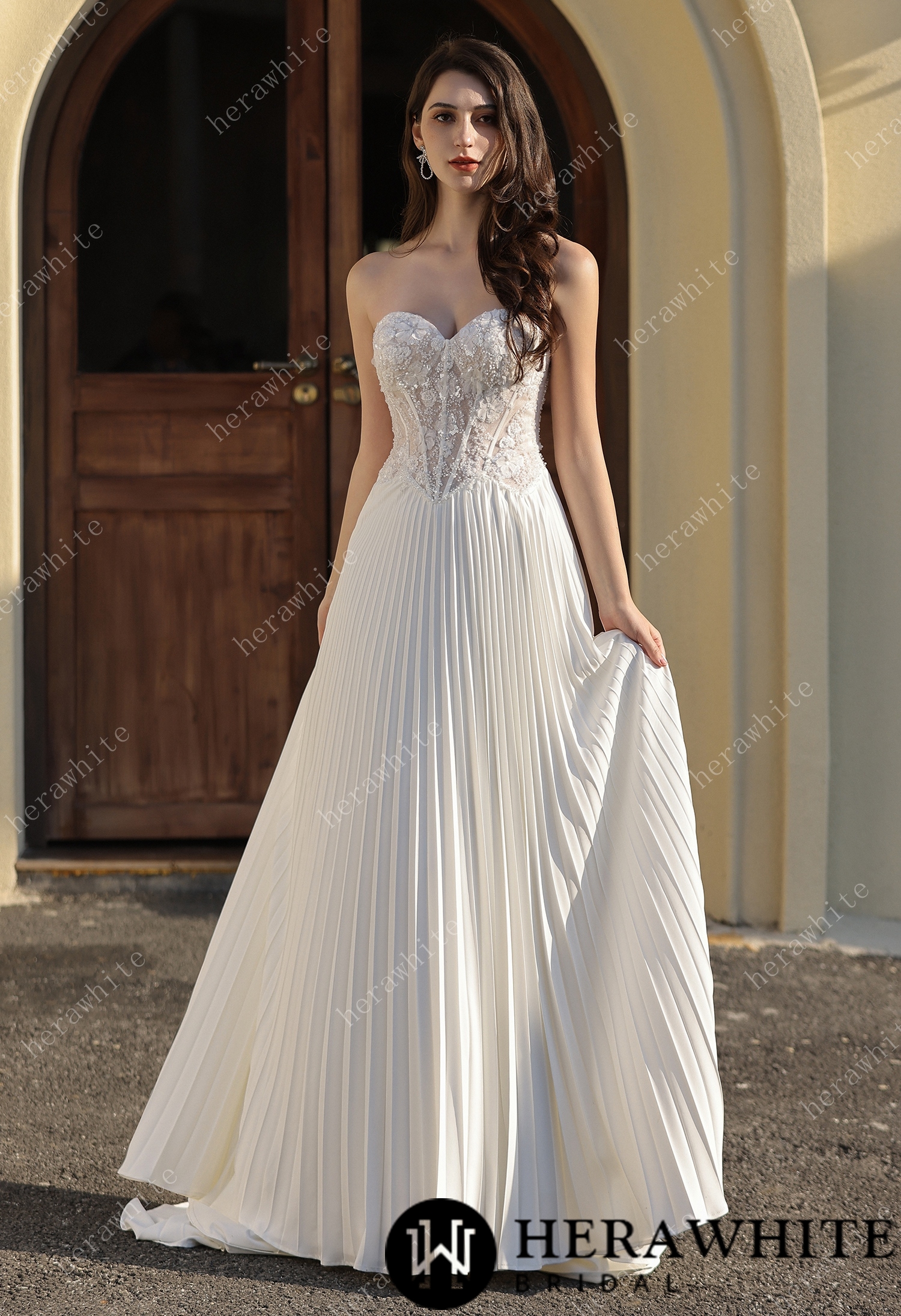 Delicately Pleated Skirt Wedding Bridal  Dress  With Removable Structured Corset Vest