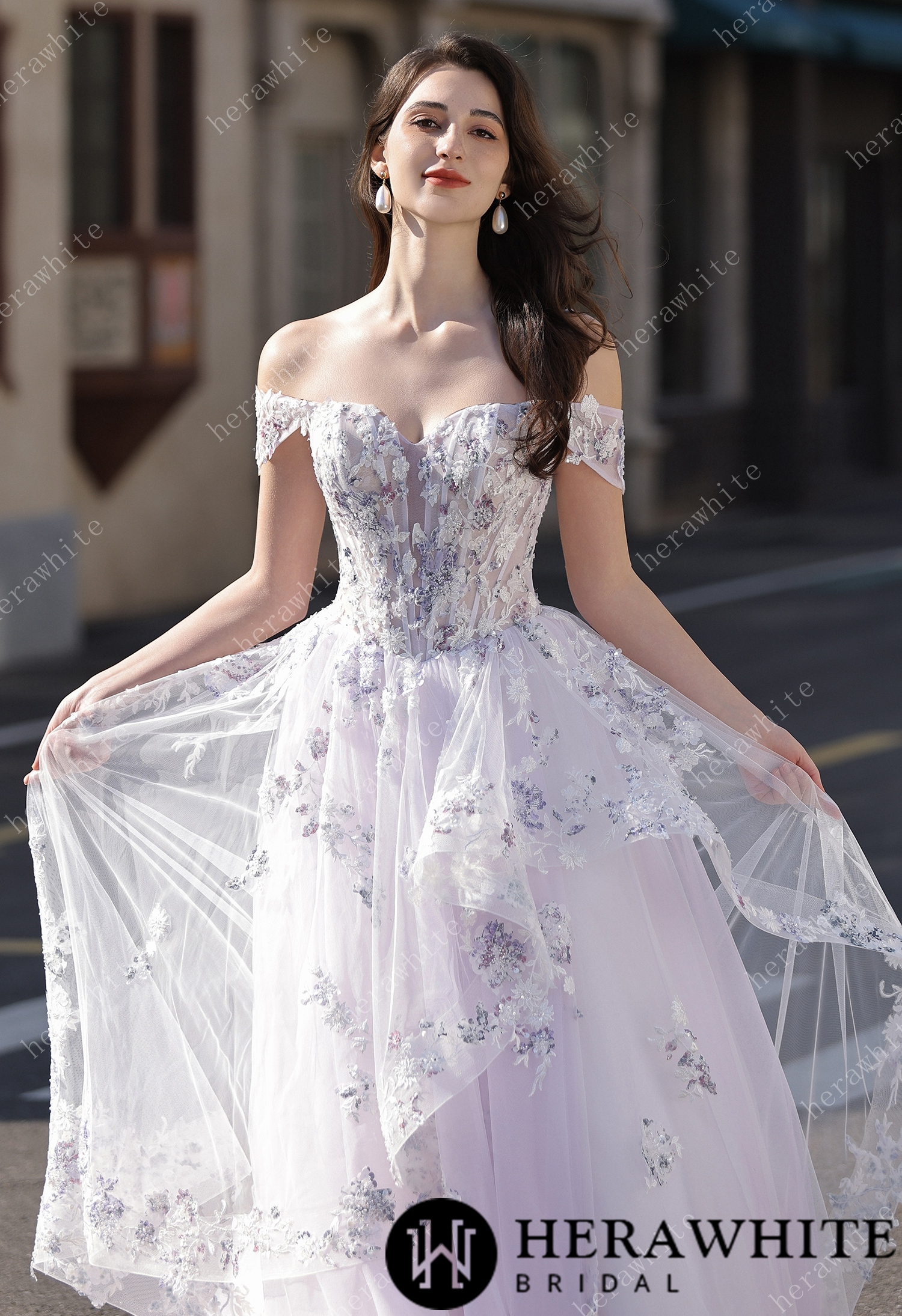 Floral Sheer-Bodice Bridal Gown with Asymmetric Ruffled Skirt