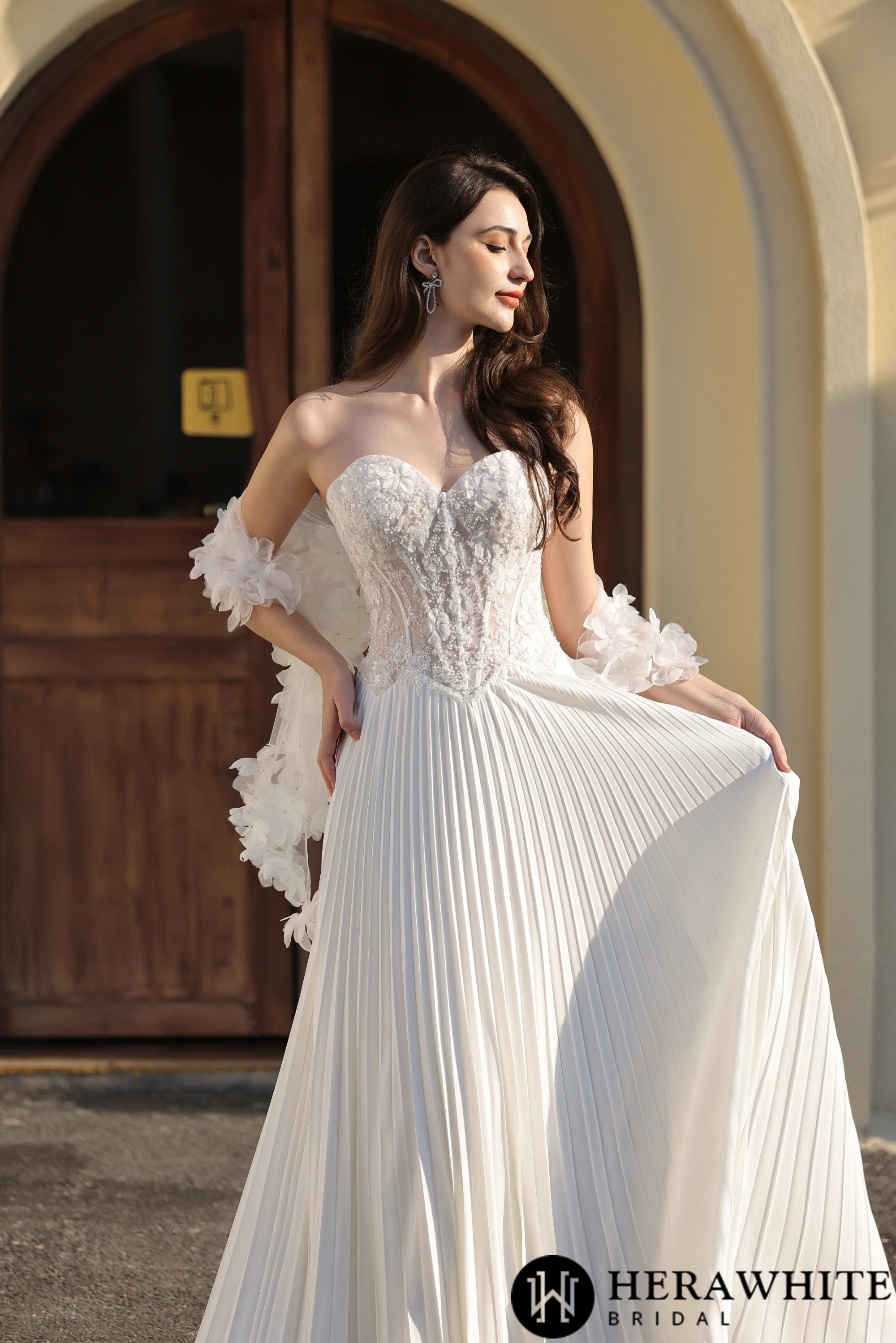 Delicately Pleated Skirt Wedding Bridal  Dress  With Removable Structured Corset Vest