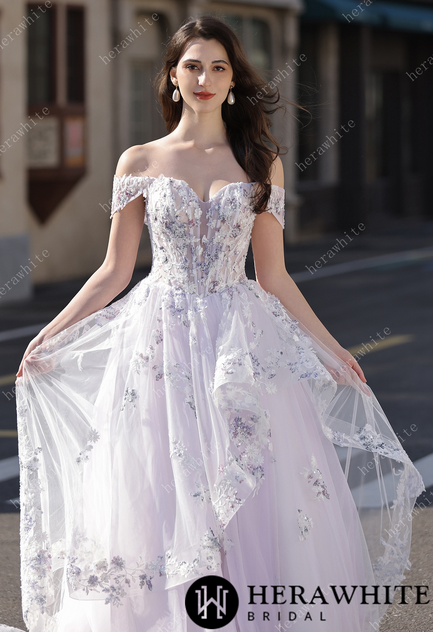 Floral Sheer-Bodice Bridal Gown with Asymmetric Ruffled Skirt