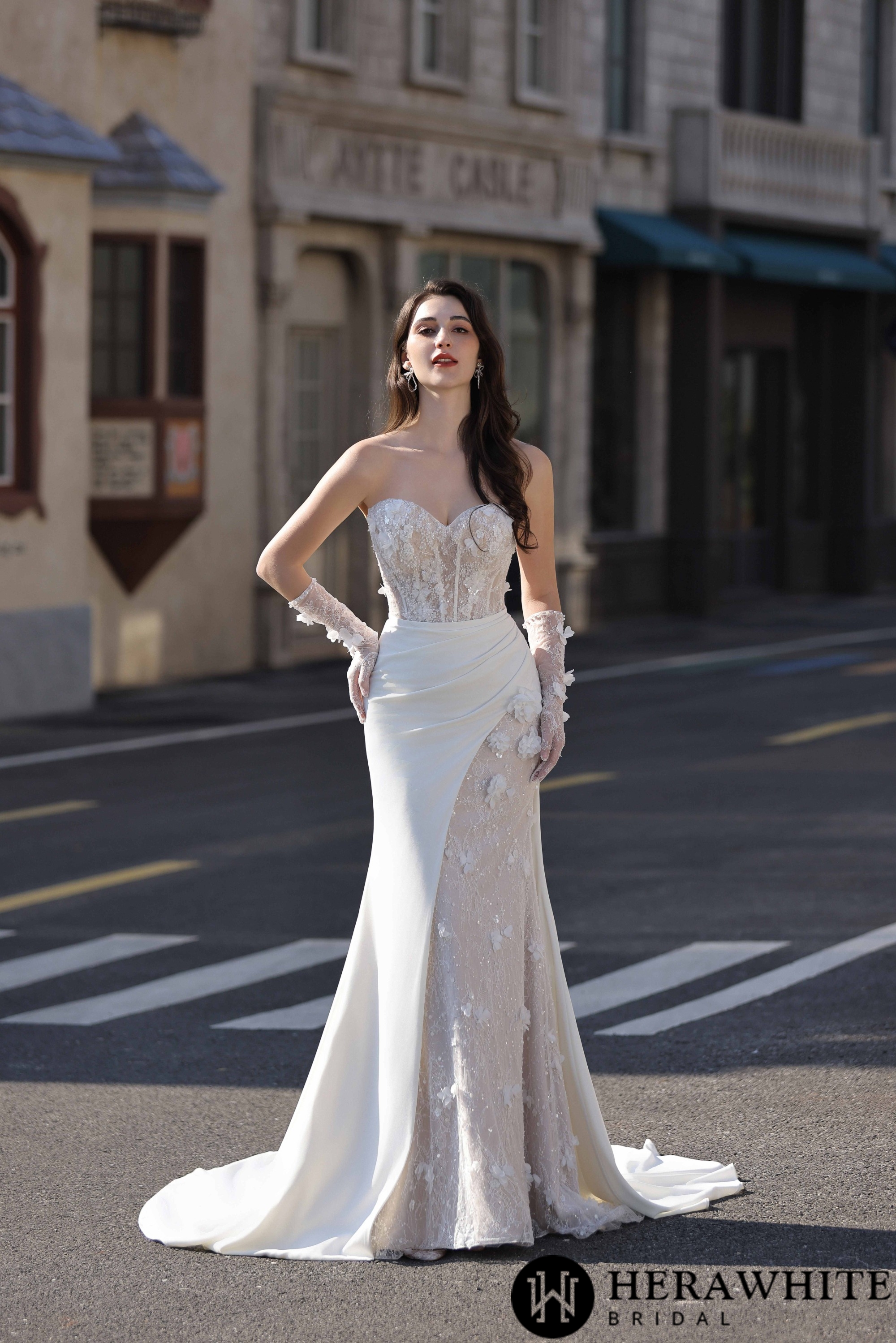 3D Lace Mermaid Silhouette Bridal Gown With Detachable Overskirt