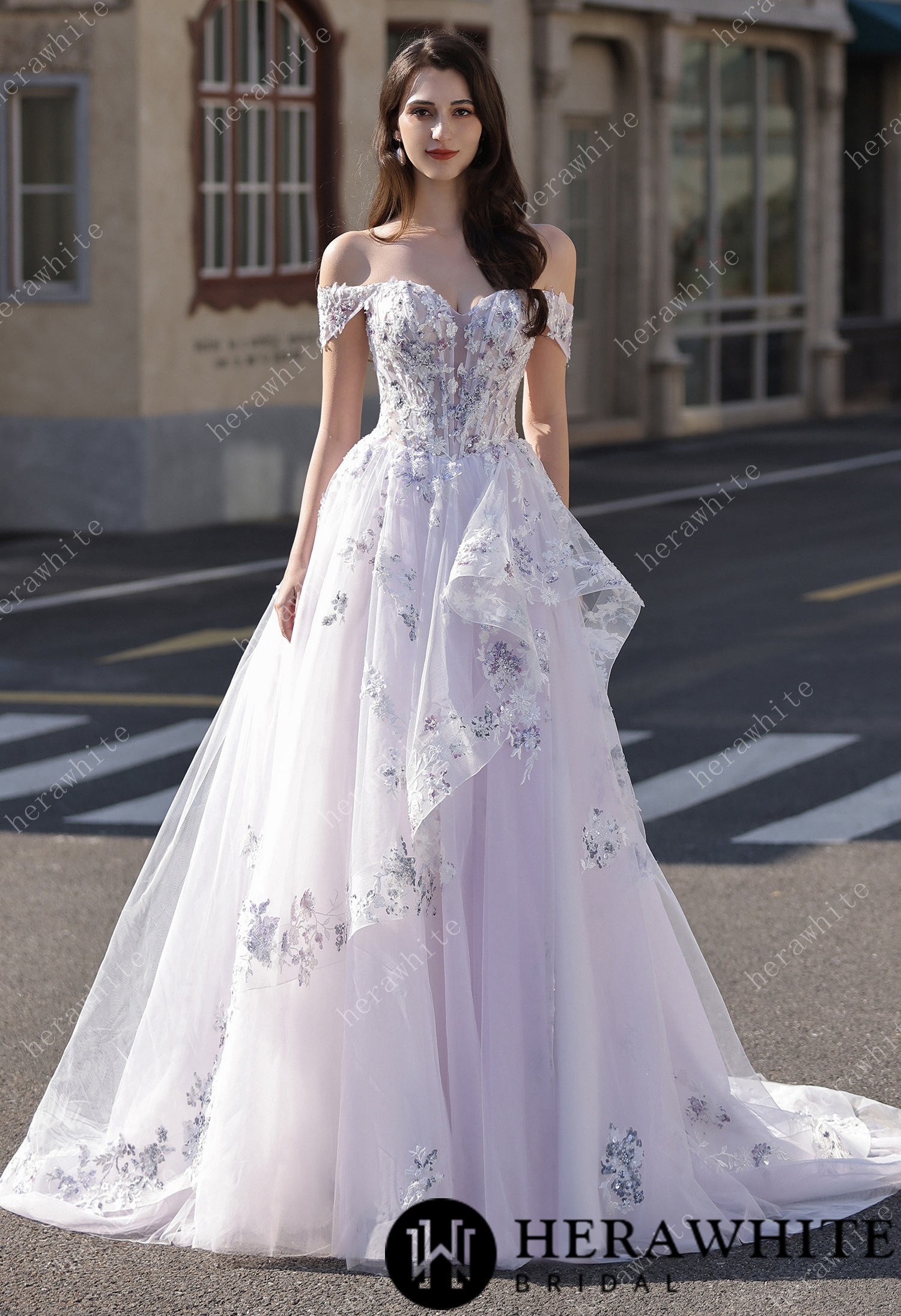 Floral Sheer-Bodice Bridal Gown with Asymmetric Ruffled Skirt