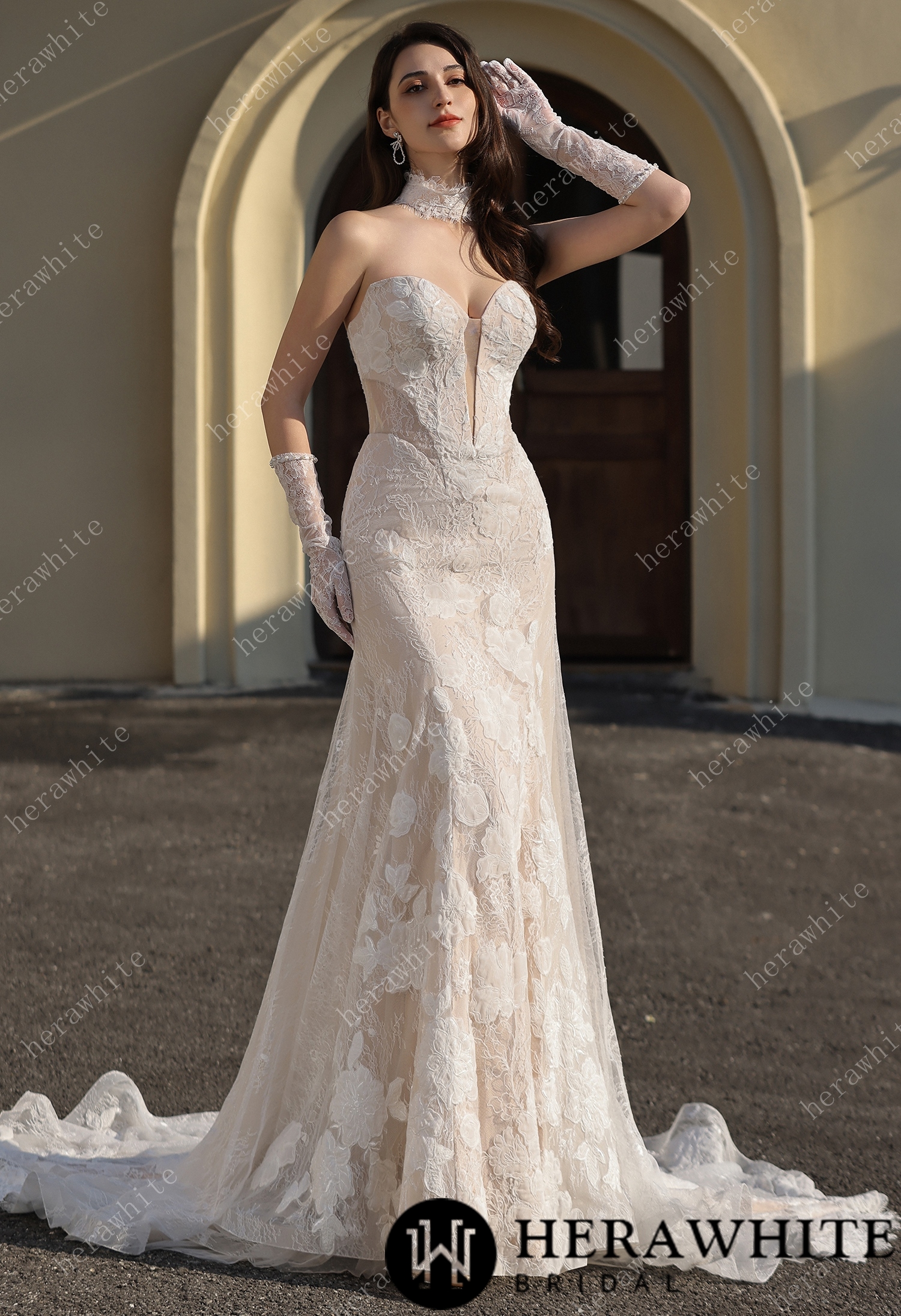 Dramatic Plunging V Neckline & Underlay Lace with Floral Embroidery Lace Sheath Dress
