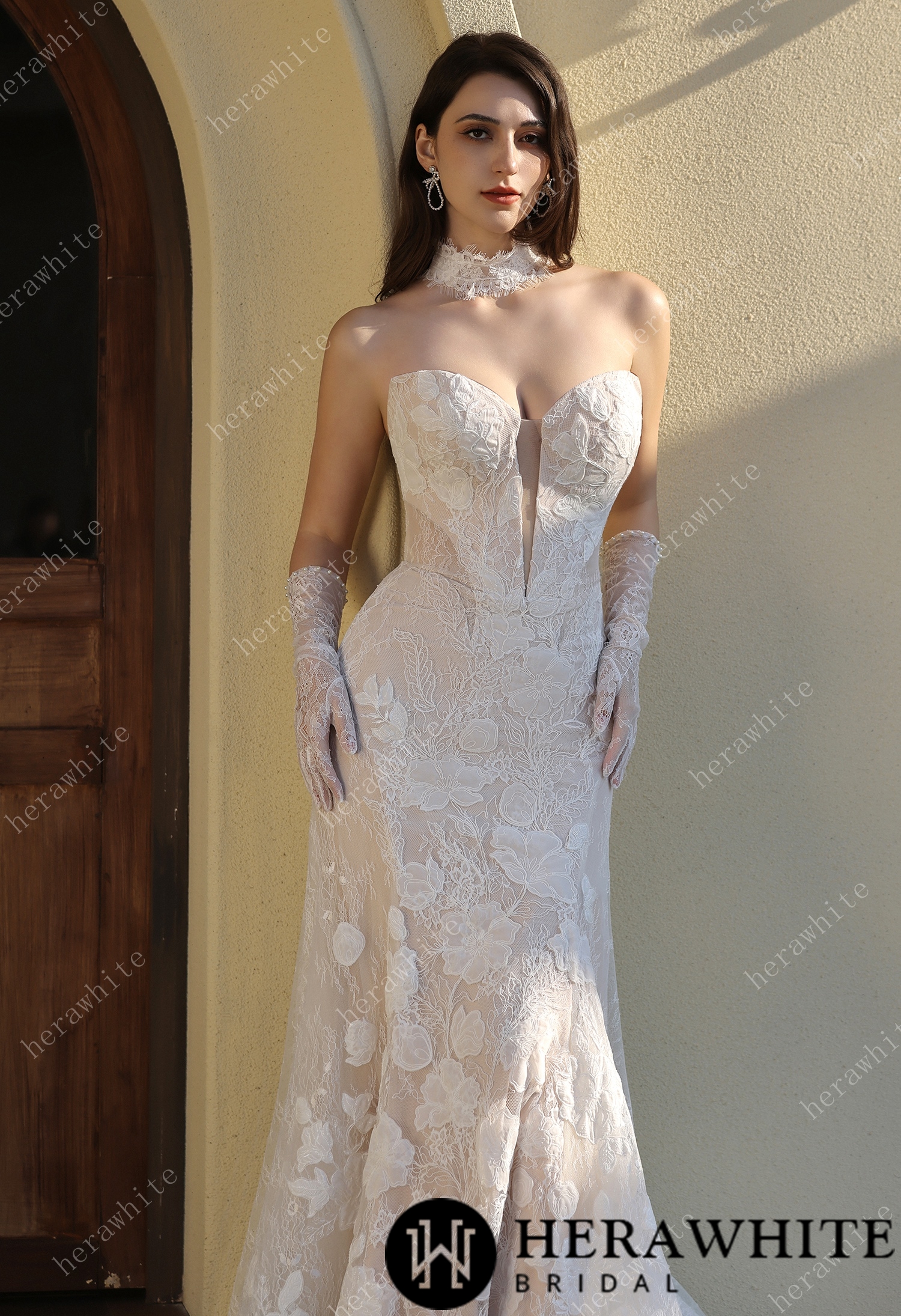 Dramatic Plunging V Neckline & Underlay Lace with Floral Embroidery Lace Sheath Dress