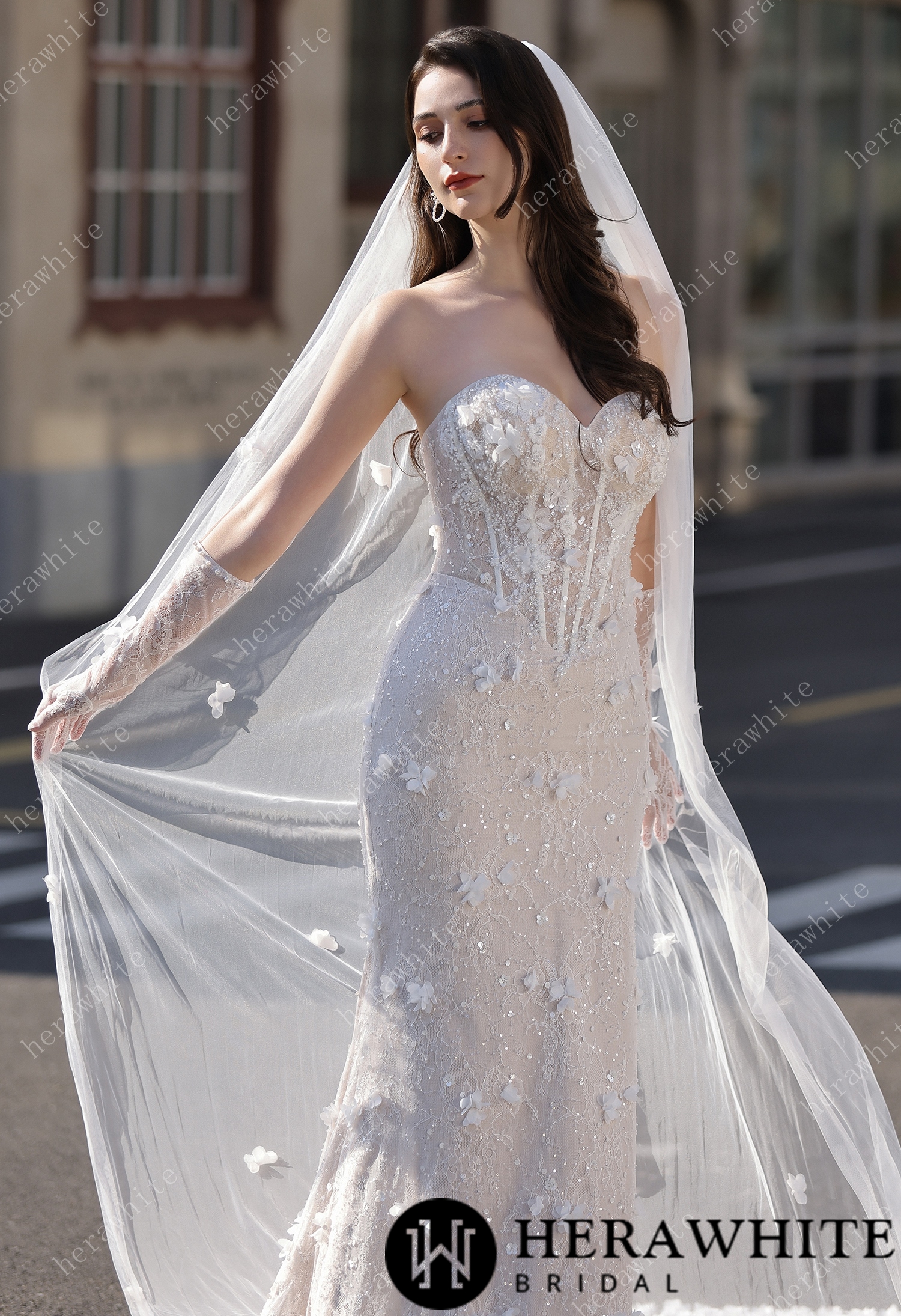 3D Lace Mermaid Silhouette Bridal Gown With Detachable Overskirt