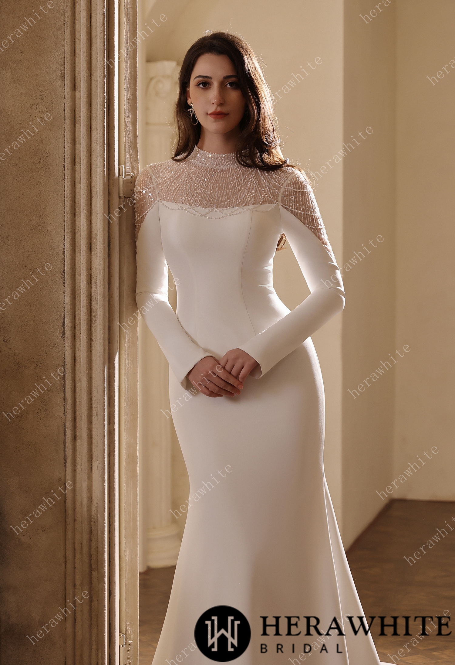 Sparkling Sheer High-Neck Beaded Mesh Long Sleeves Crepe Gown