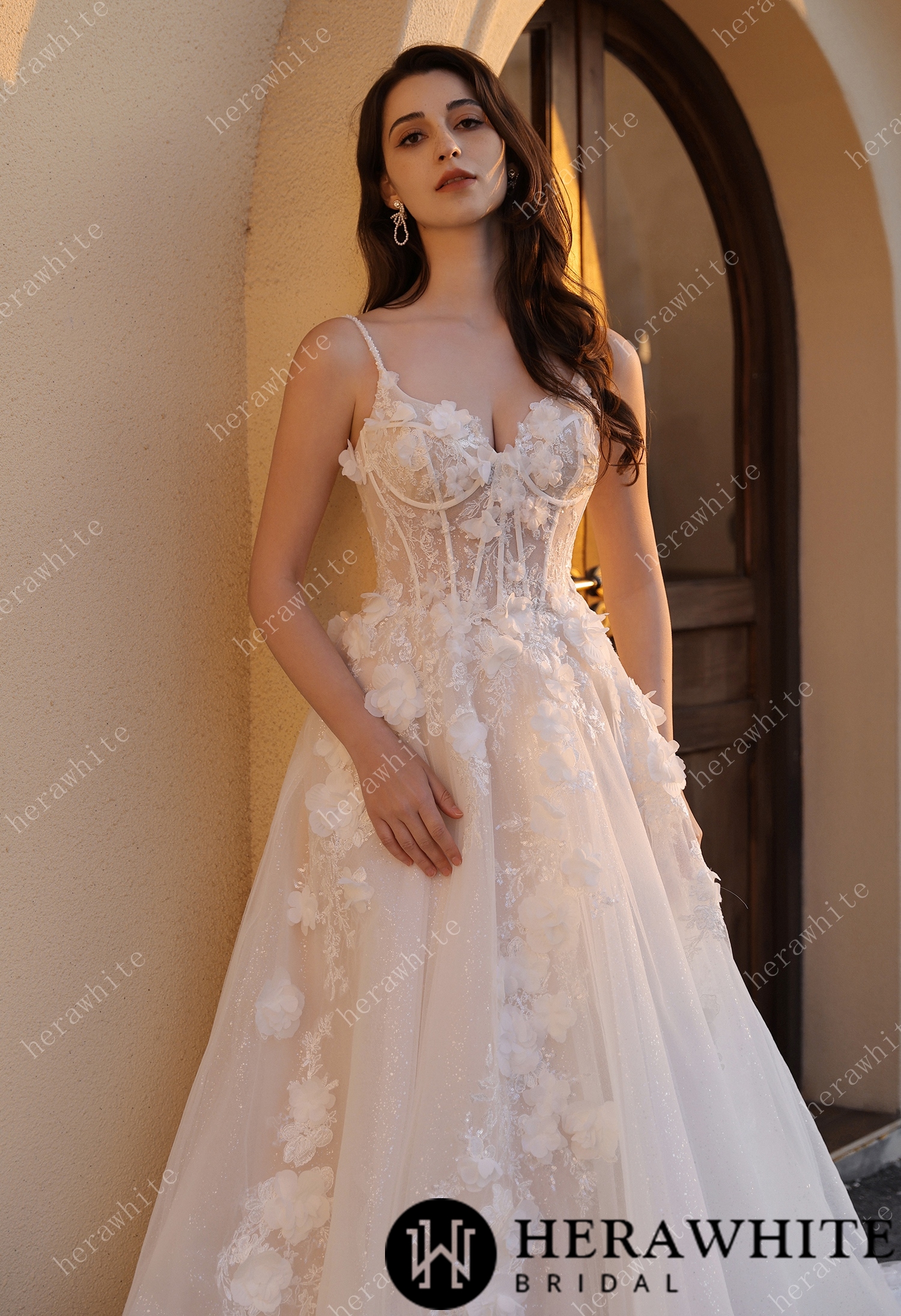 Spaghetti Strap 3D Floral Tulle Wedding Gown – Ethereal Ivory Bridal Dress with Train