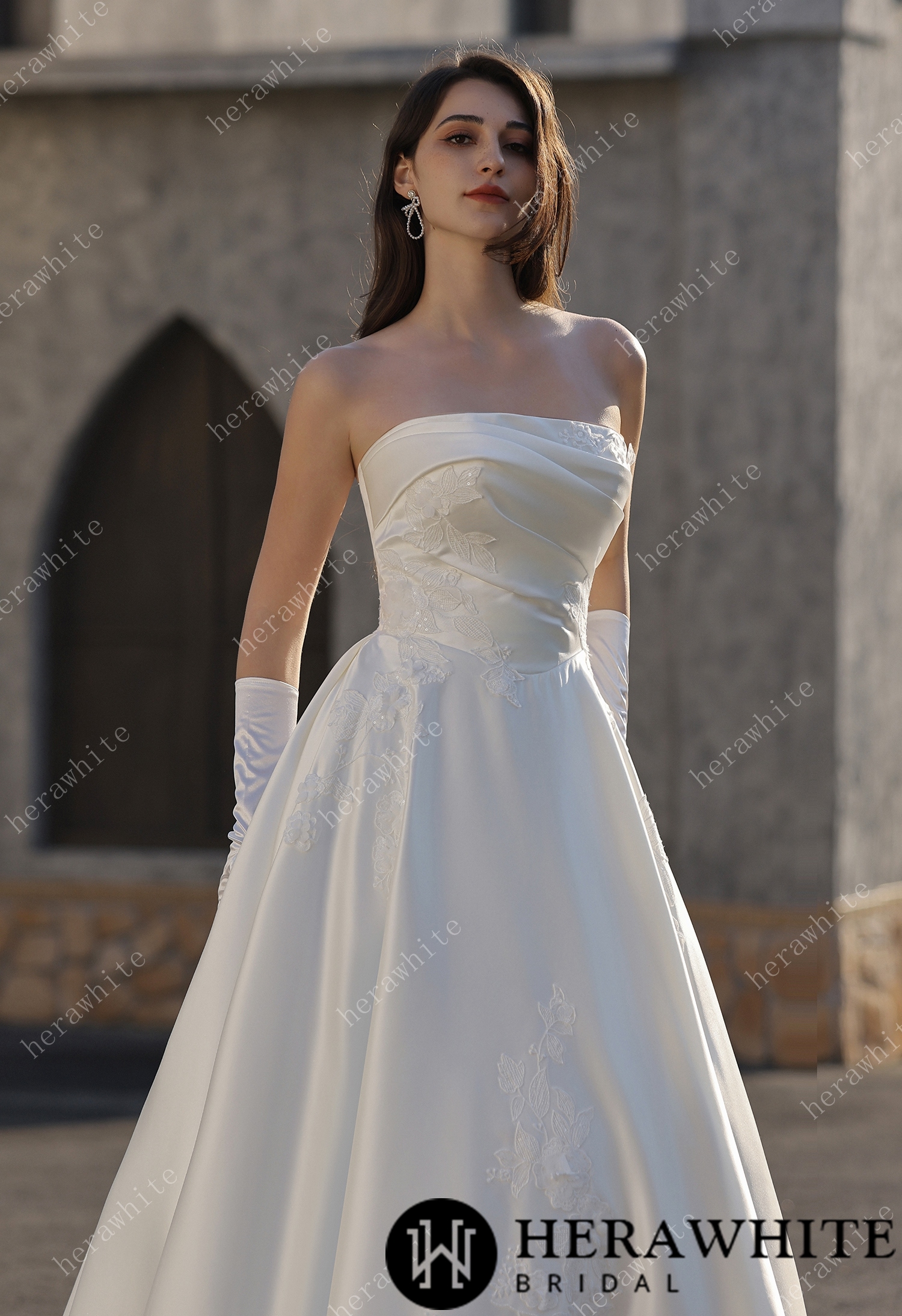 Strapless Satin Ballgown With  3D -Embroidered Floral Accents