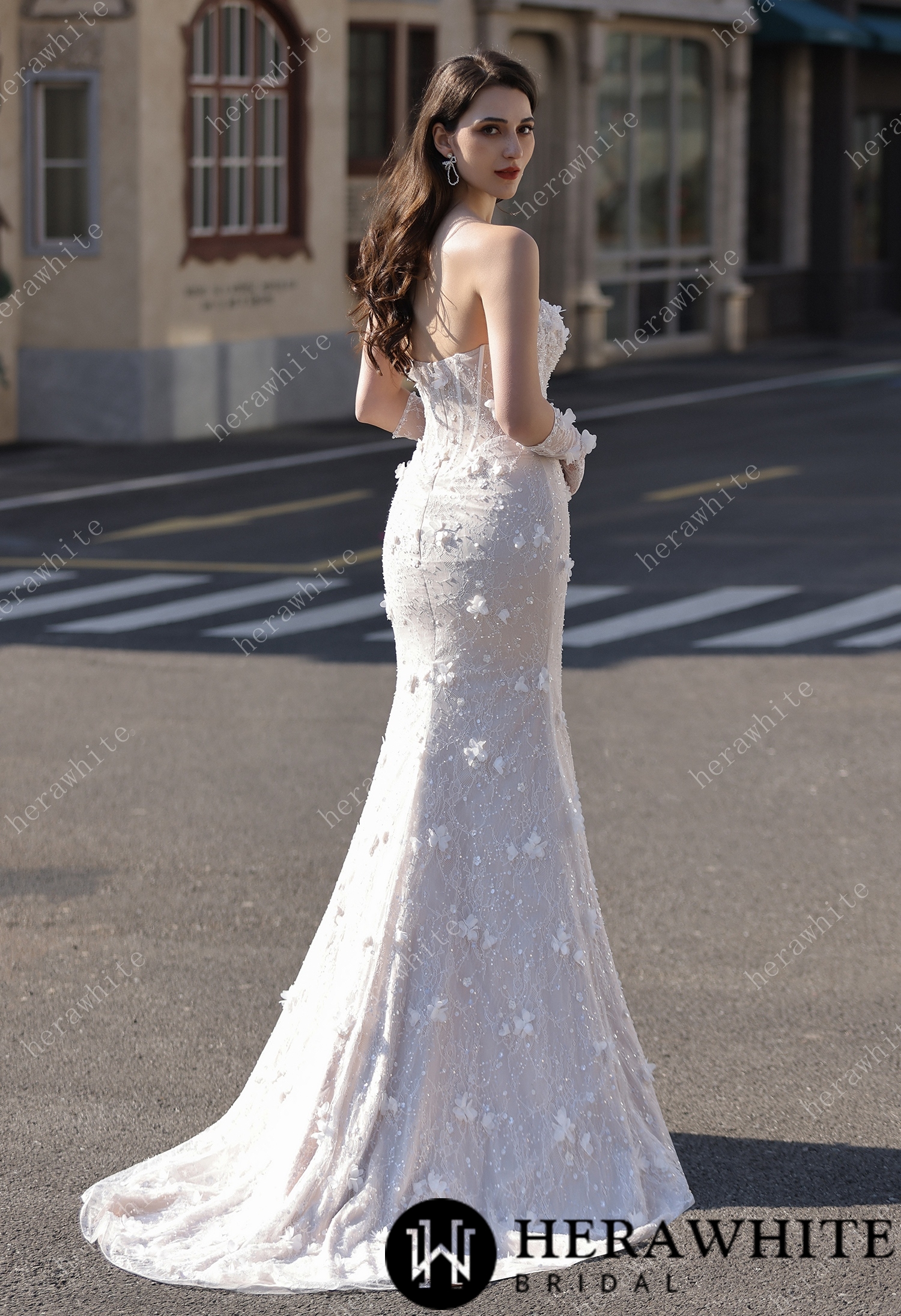 3D Lace Mermaid Silhouette Bridal Gown With Detachable Overskirt