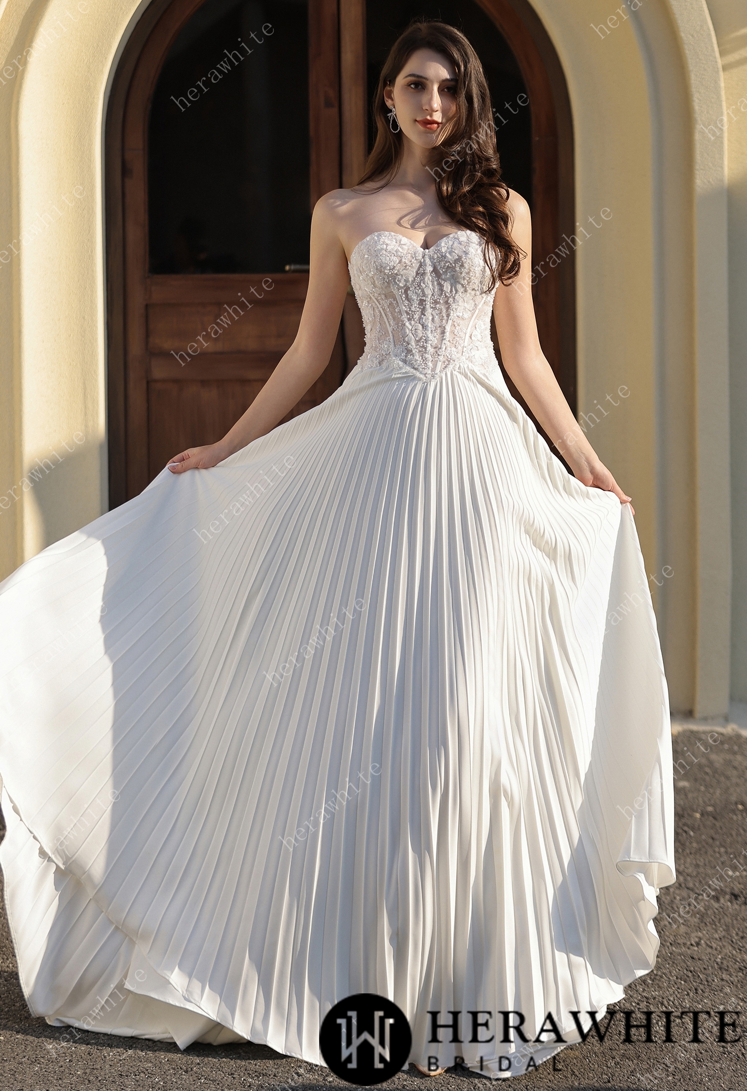 Delicately Pleated Skirt Wedding Dress Bridal Gown & Optional Structured Corset Vest
