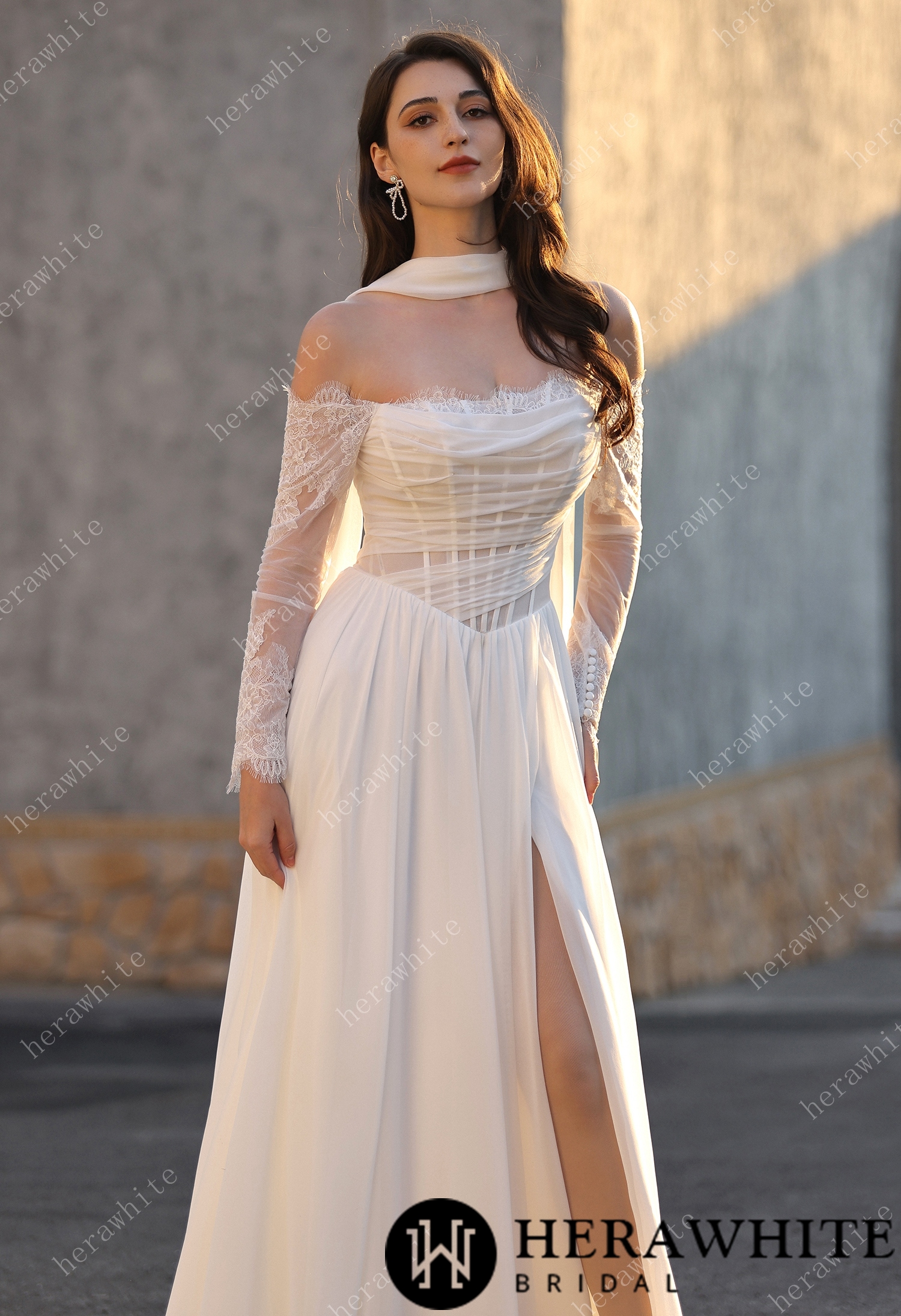 Airy Elegance Basque Waistline Tulle Gown With Lace Sleeves &amp; Thigh-High Slit