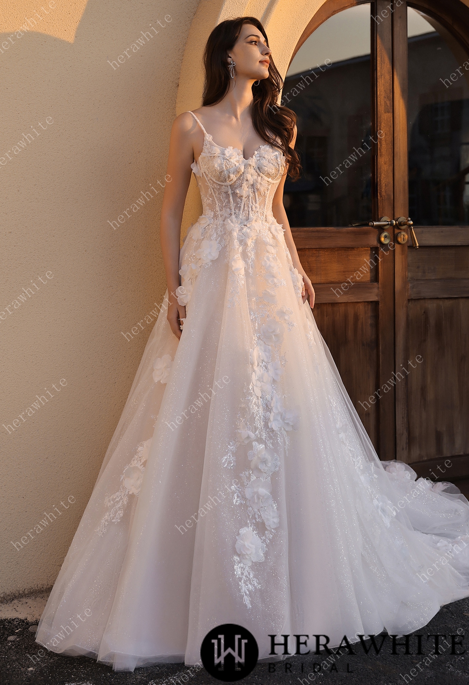 Spaghetti Strap 3D Floral Tulle Wedding Gown – Ethereal Ivory Bridal Dress with Train