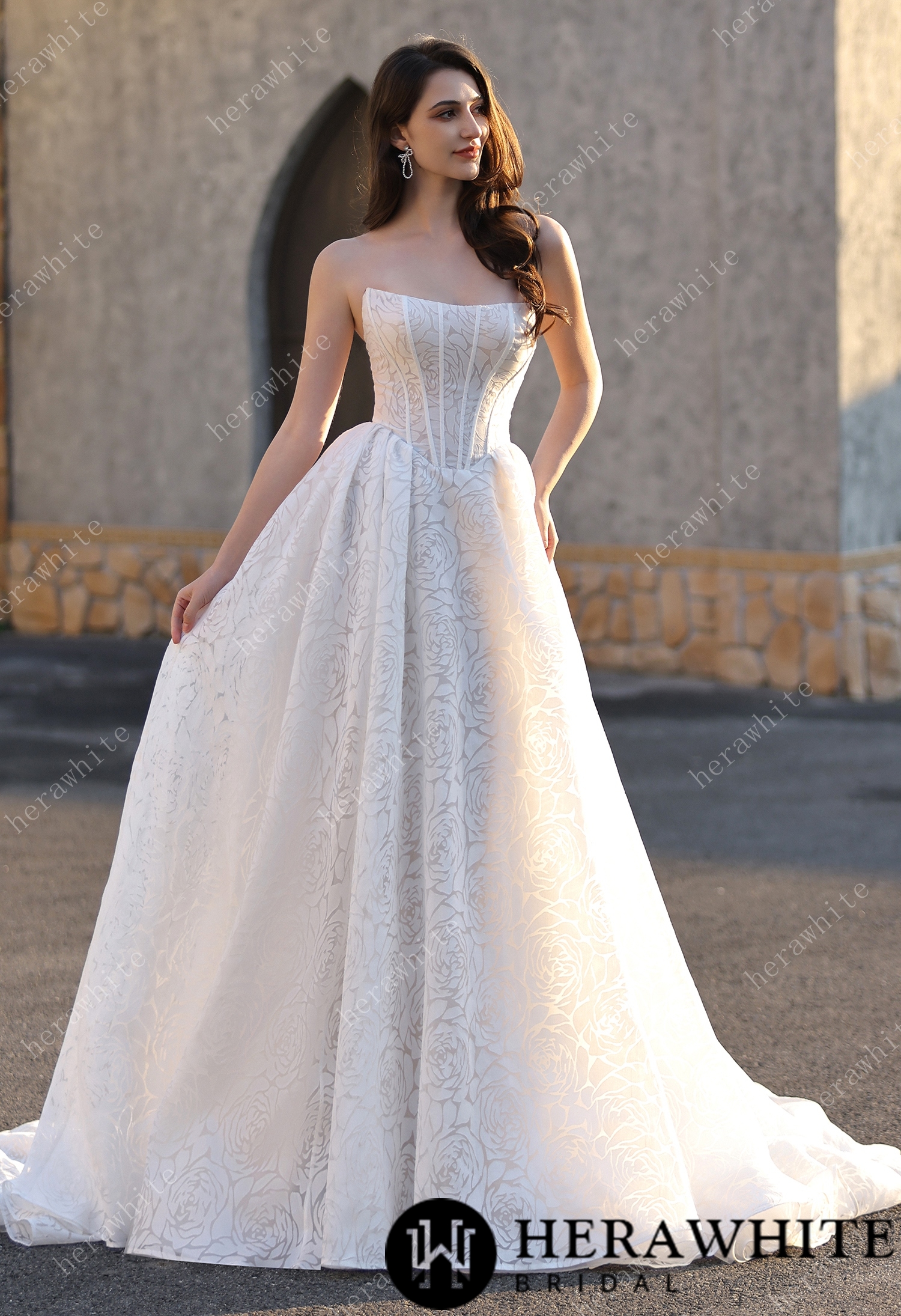 A-line Wedding  Gown In A Floral Print Organza With Detachable Cape