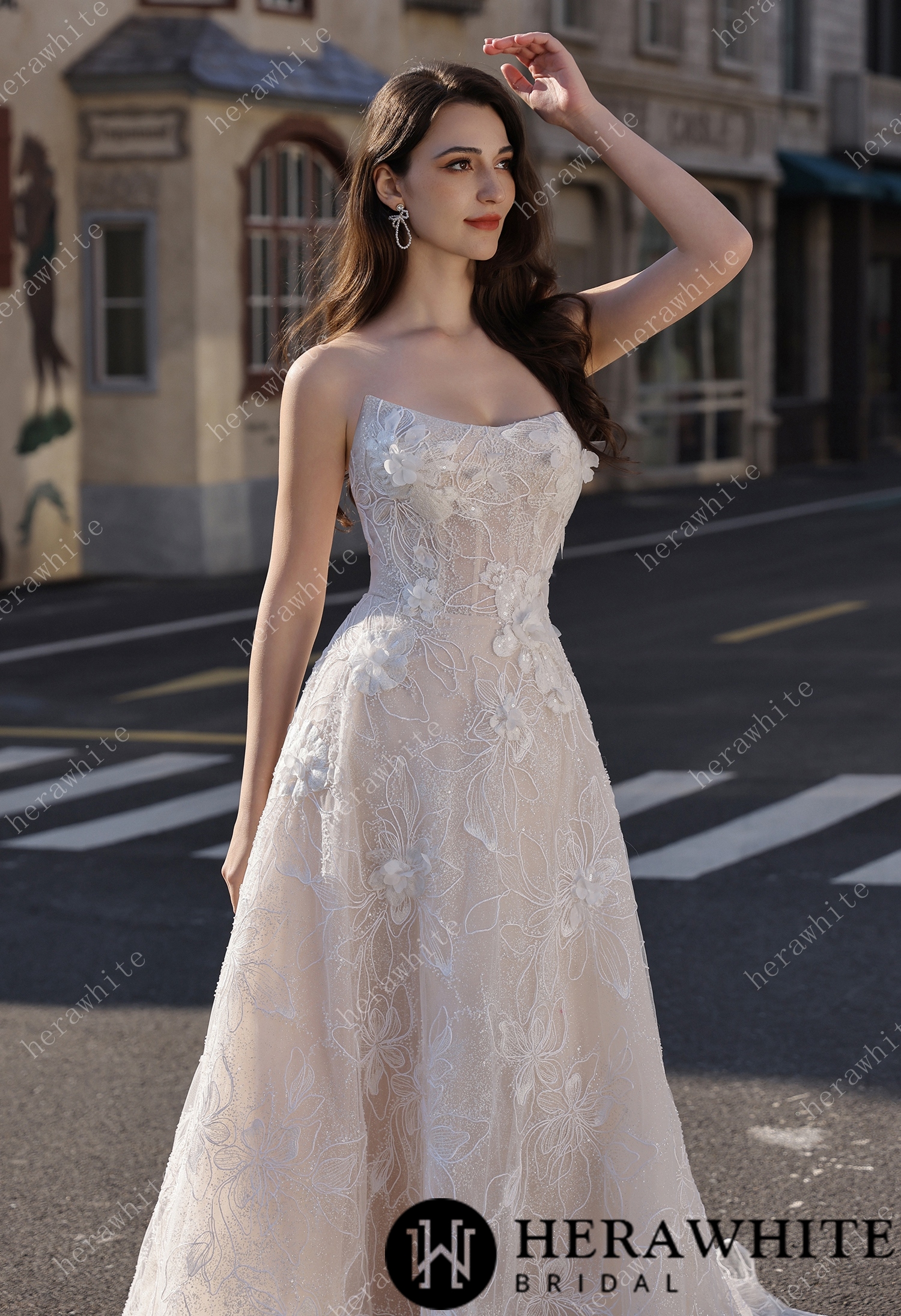 Strapless Sparkle Lace Bridal Gown with 3D Flowers