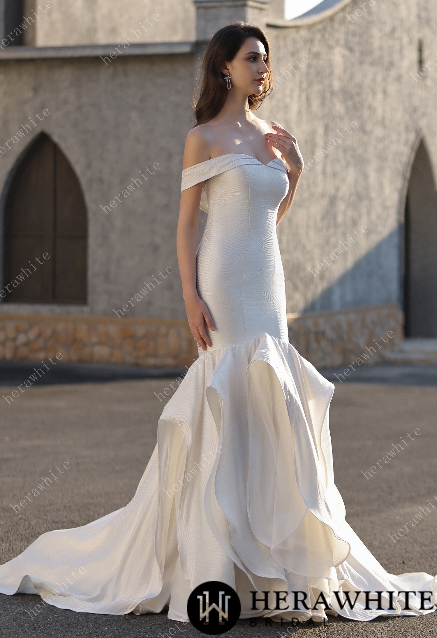 Off-the-Shoulder Textured  Fit And Flare Silhouette Wedding Dress With Ruffle Skirt