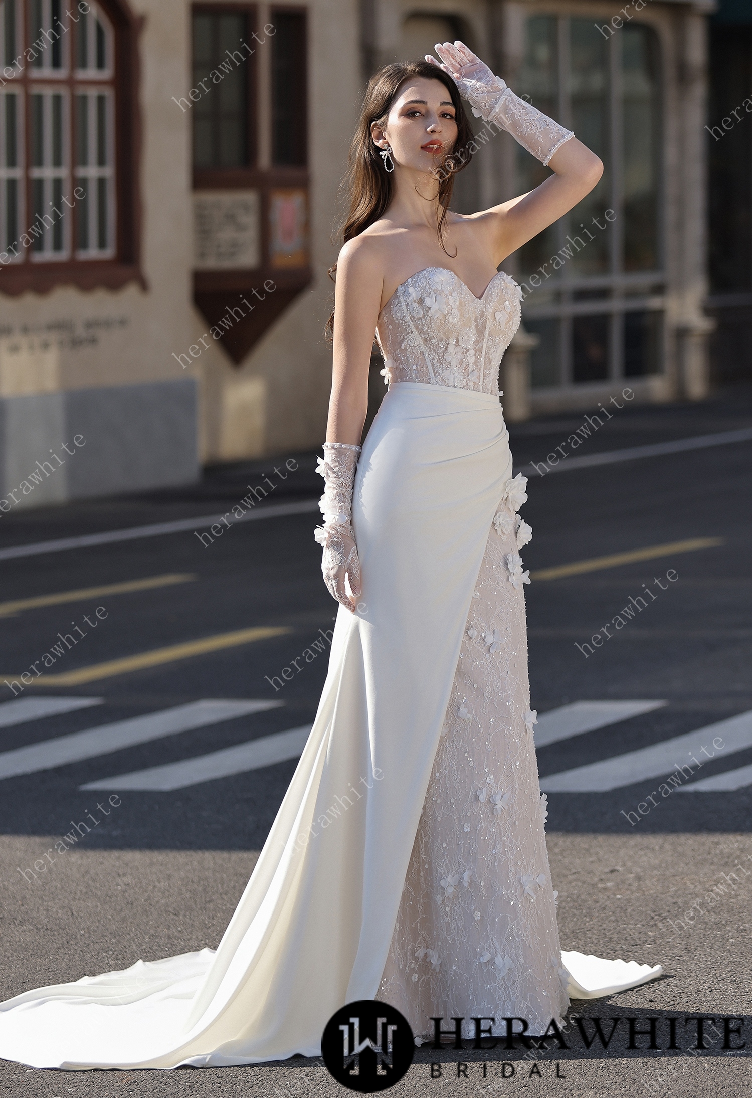 3D Lace Mermaid Silhouette Bridal Gown With Detachable Overskirt