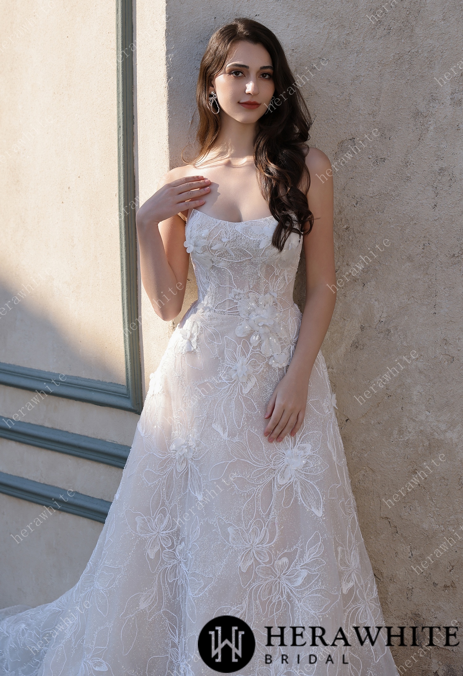 Strapless Sparkle Lace Bridal Gown with 3D Flowers