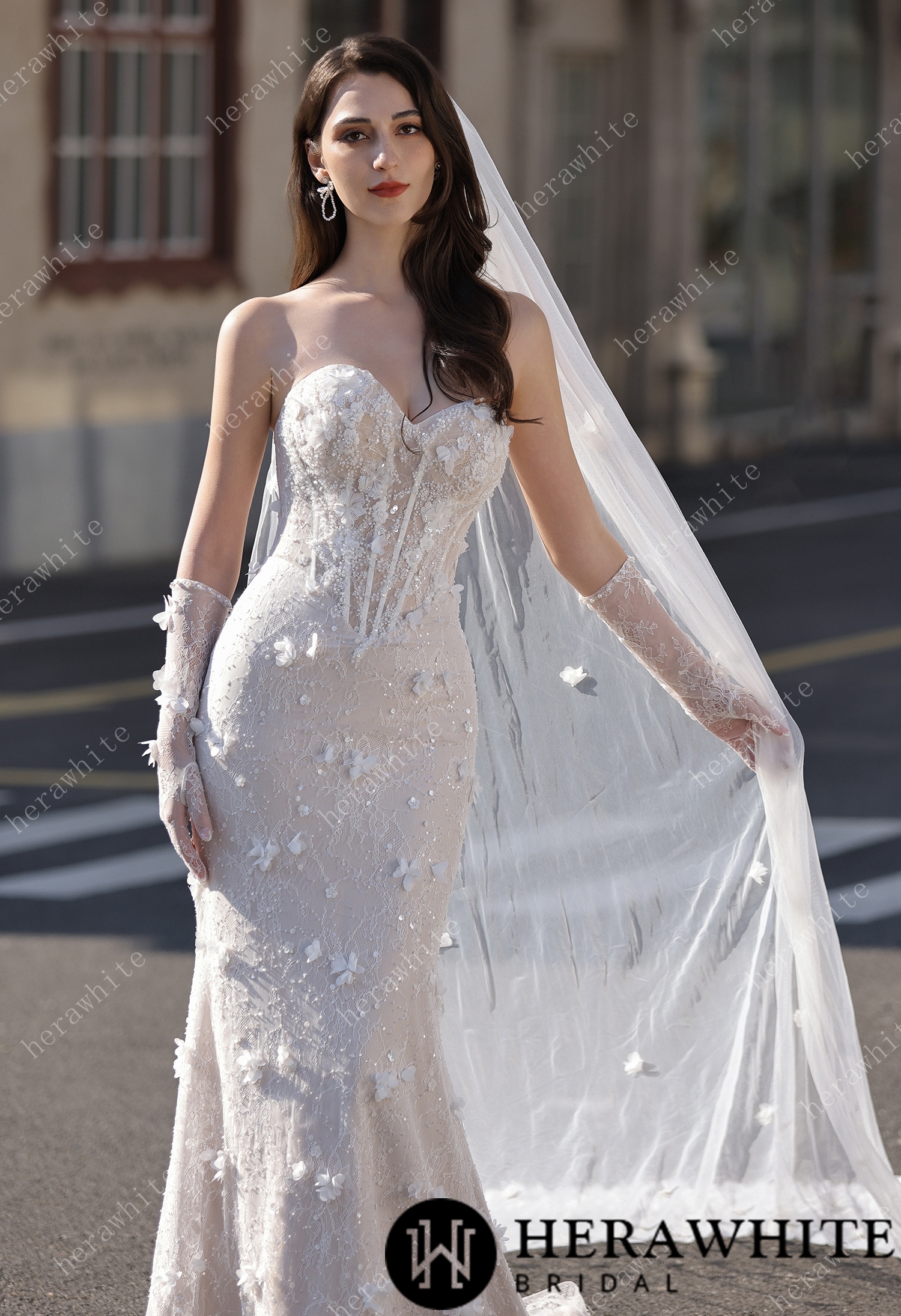 3D Lace Mermaid Silhouette Bridal Gown With Detachable Overskirt