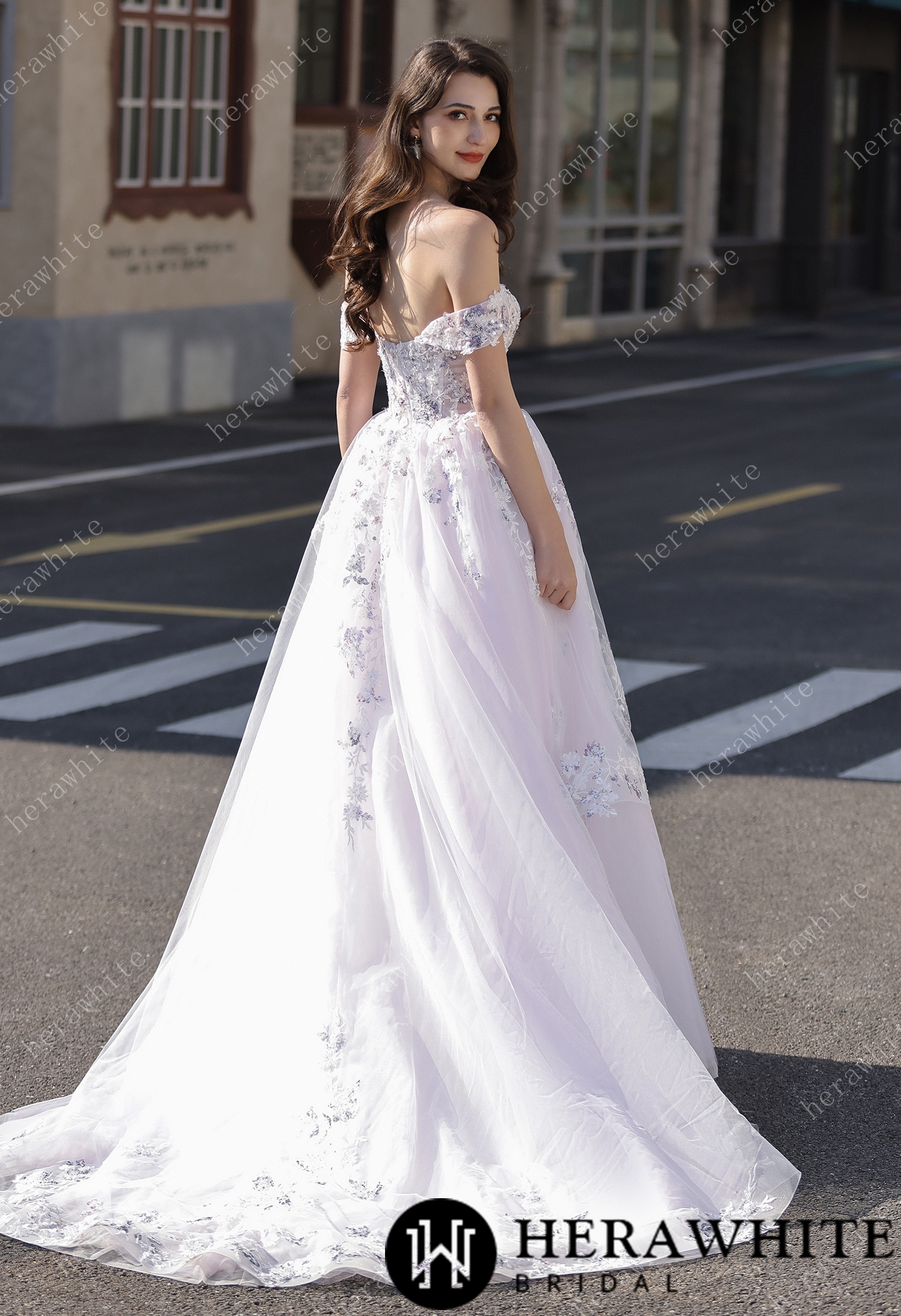 Floral Sheer-Bodice Bridal Gown with Asymmetric Ruffled Skirt