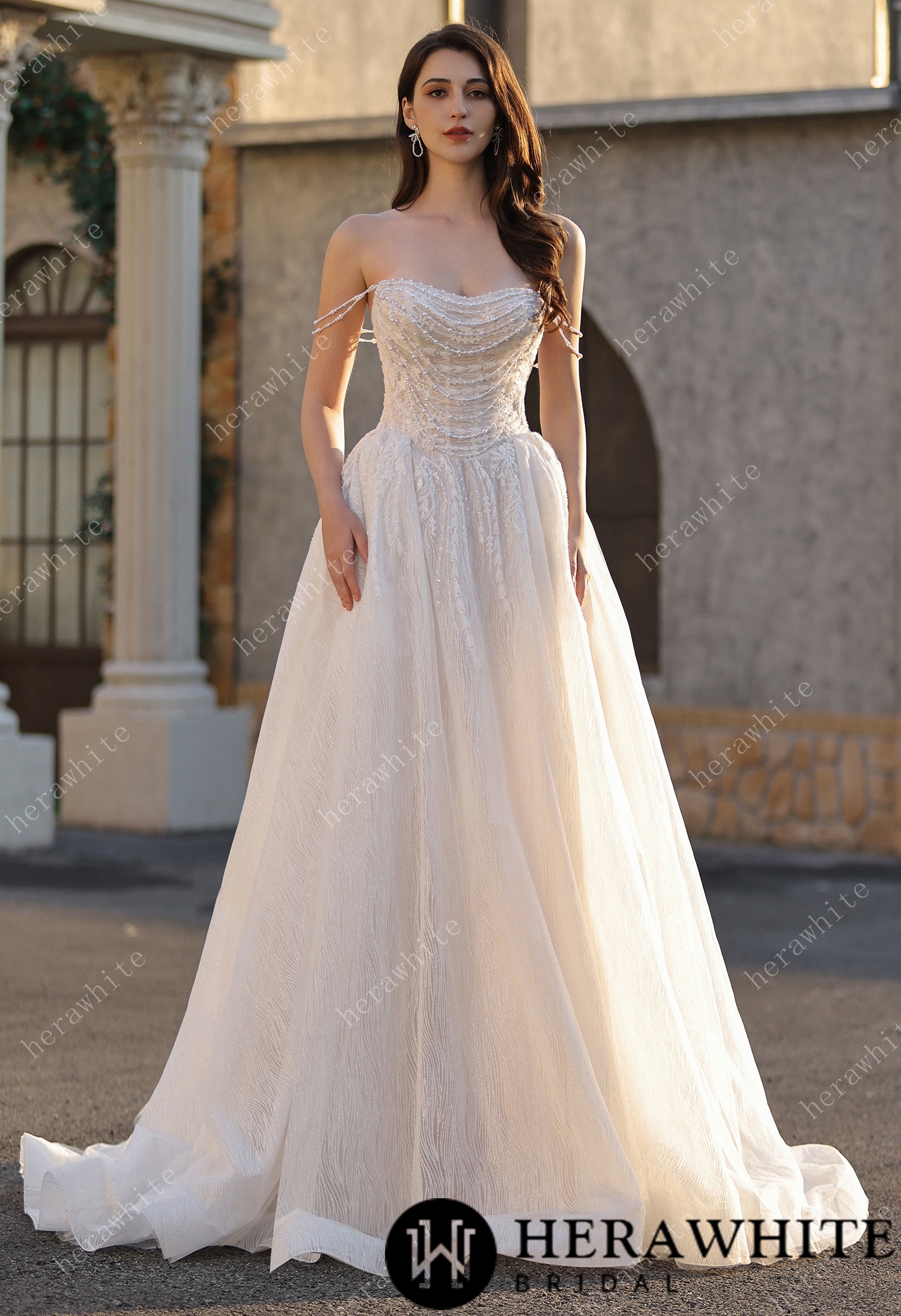 Strapless Ballgown Wedding Dress with Beaded Chain Shoulder Accent