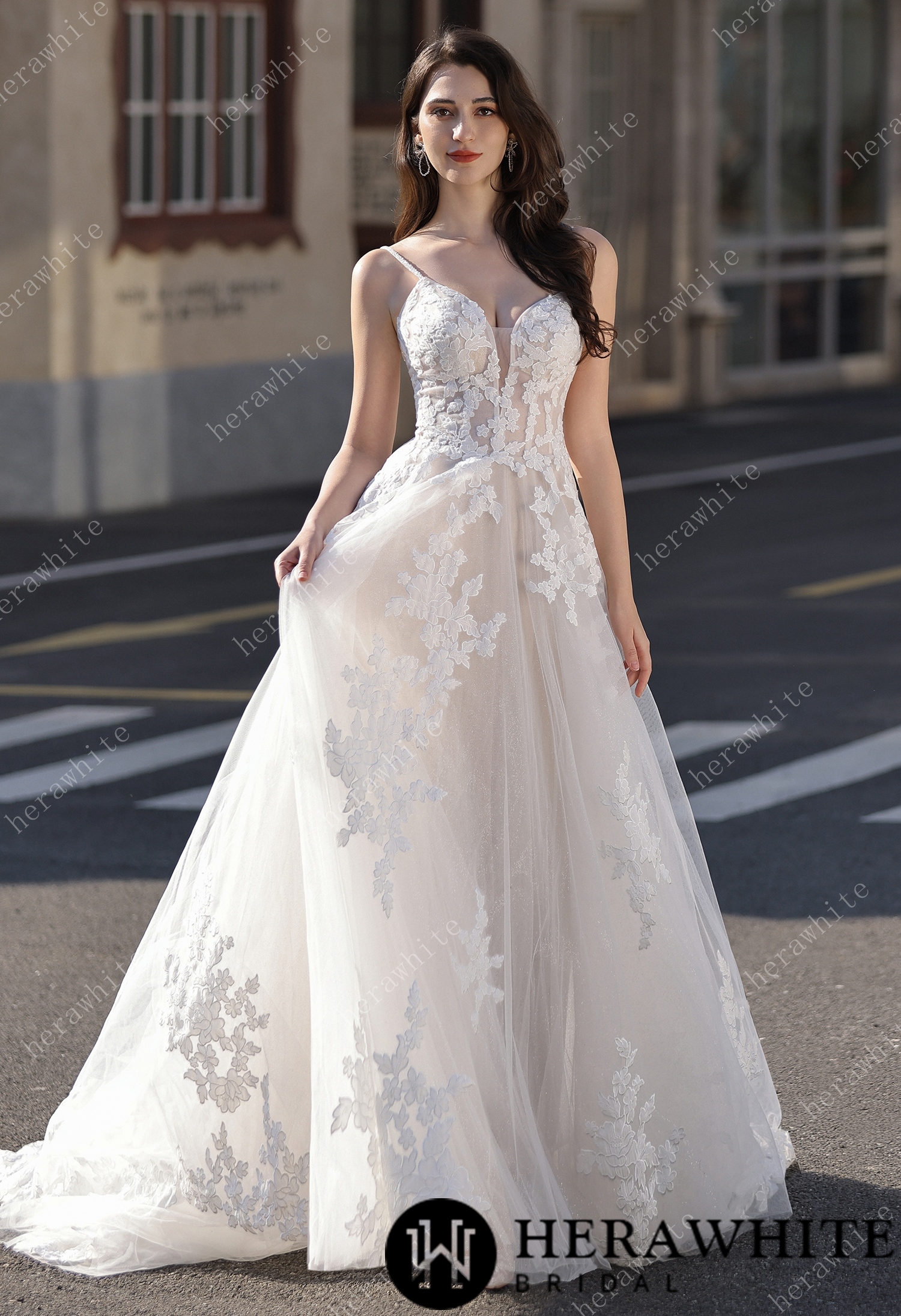 Spaghetti Strap Bridal Gown With Dramatic Lace Train