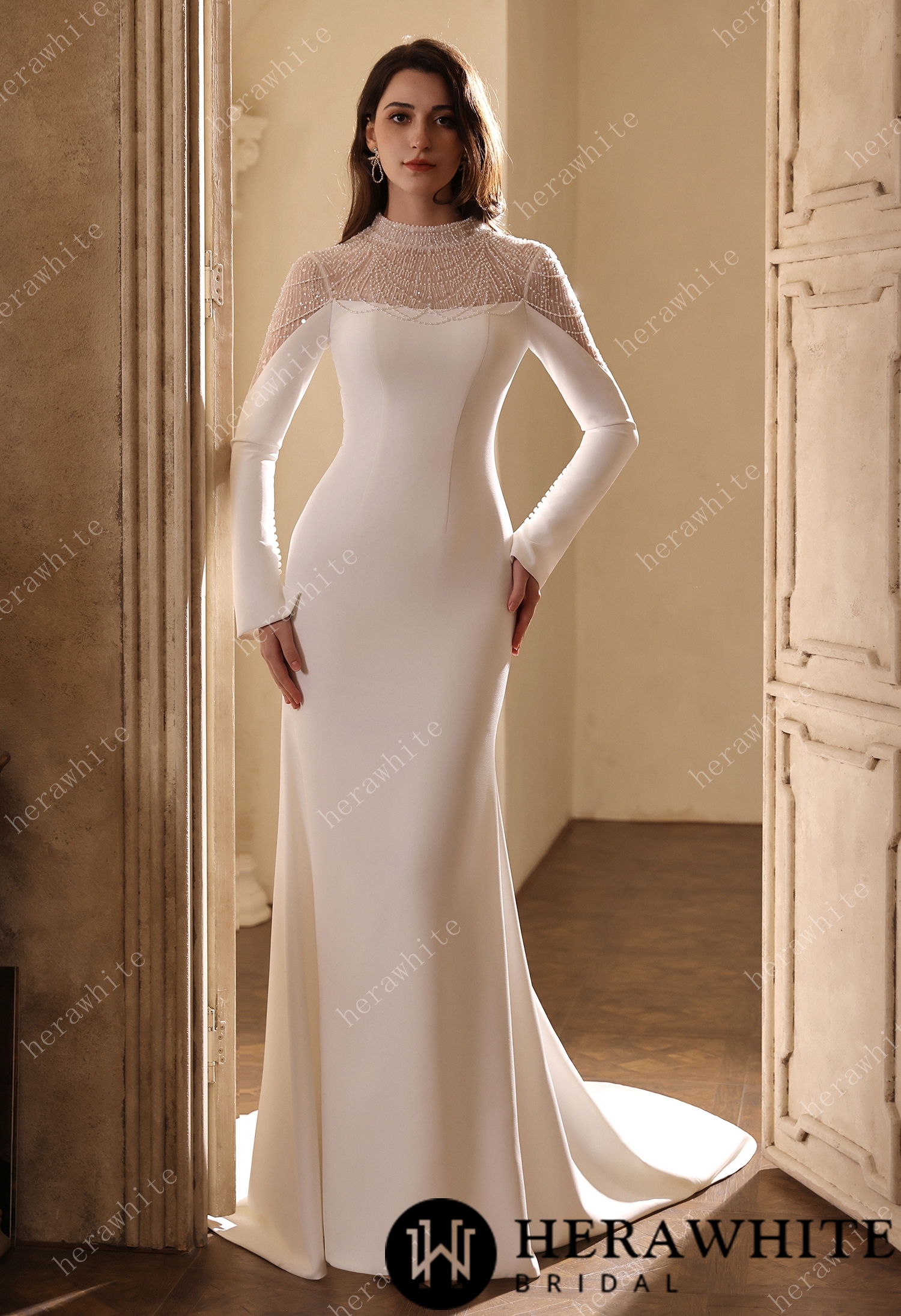 Sparkling Sheer High-Neck Beaded Mesh Long Sleeves Crepe Gown