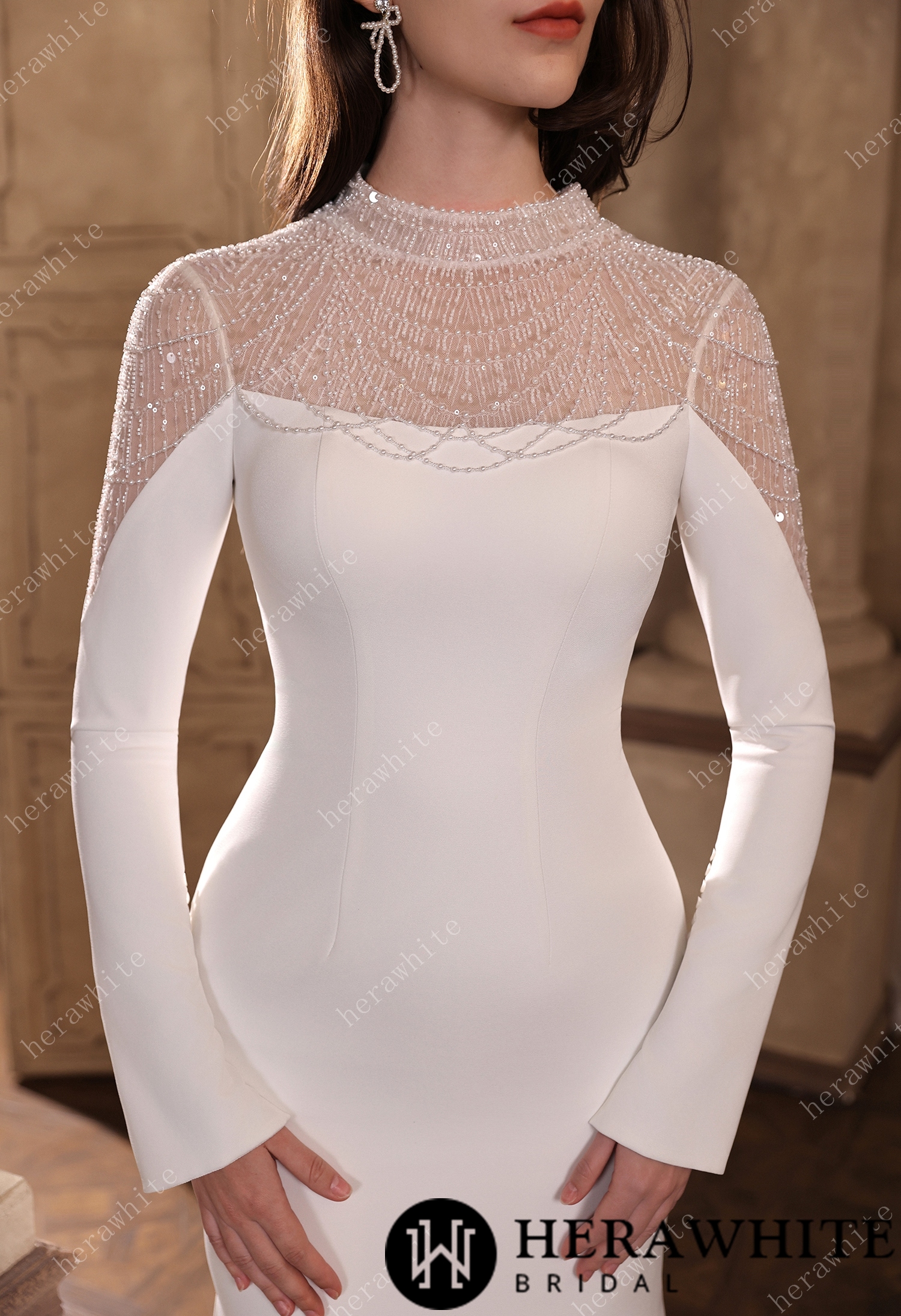 Sparkling Sheer High-Neck Beaded Mesh Long Sleeves Crepe Gown