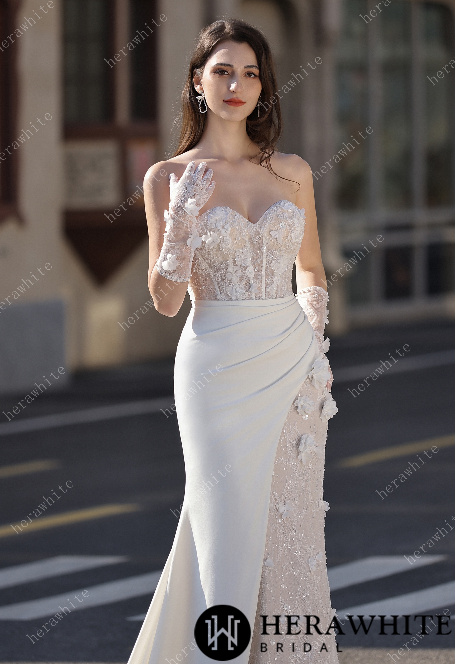 3D Lace Mermaid Silhouette Bridal Gown With Detachable Overskirt