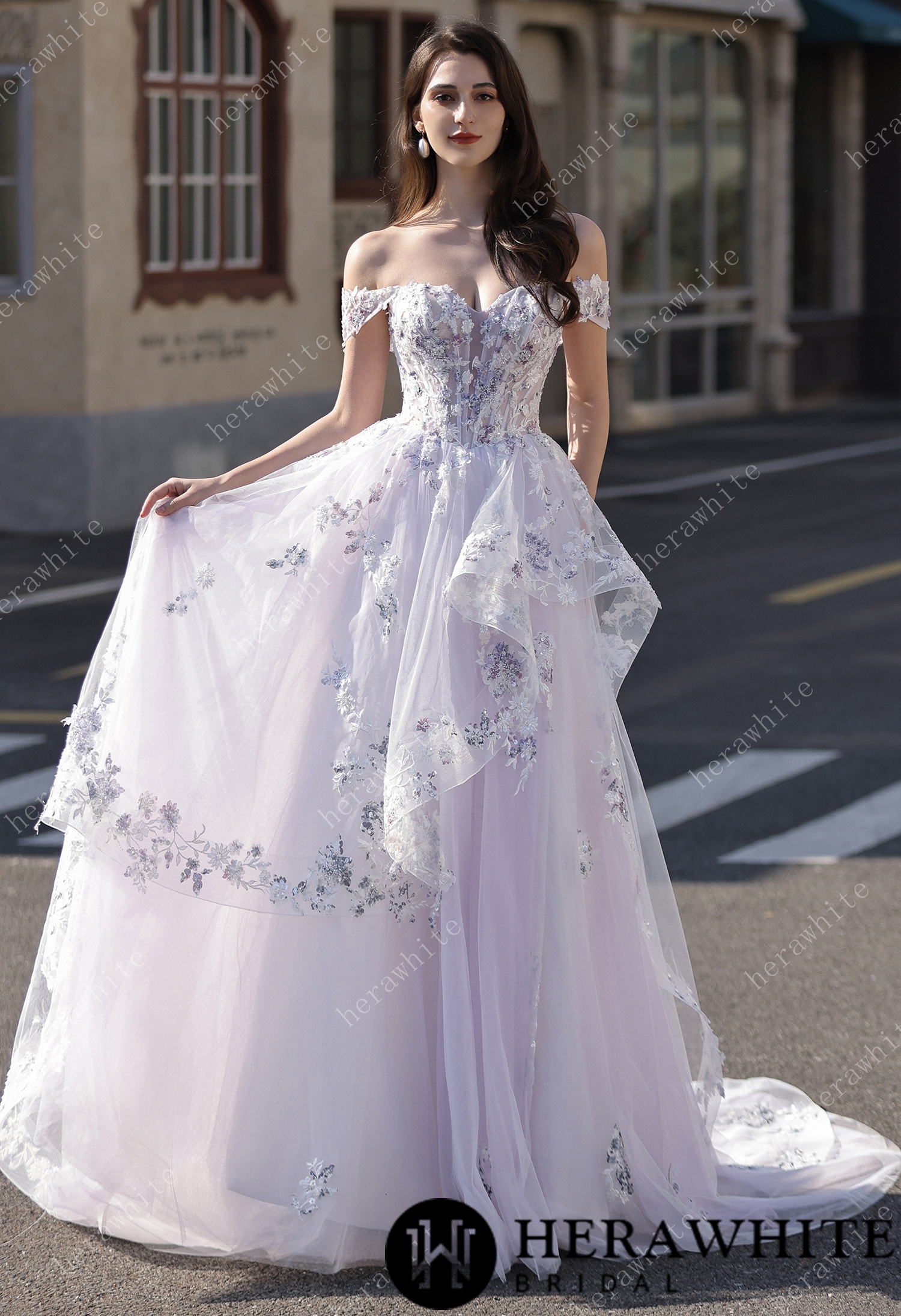 Floral Sheer-Bodice Bridal Gown with Asymmetric Ruffled Skirt