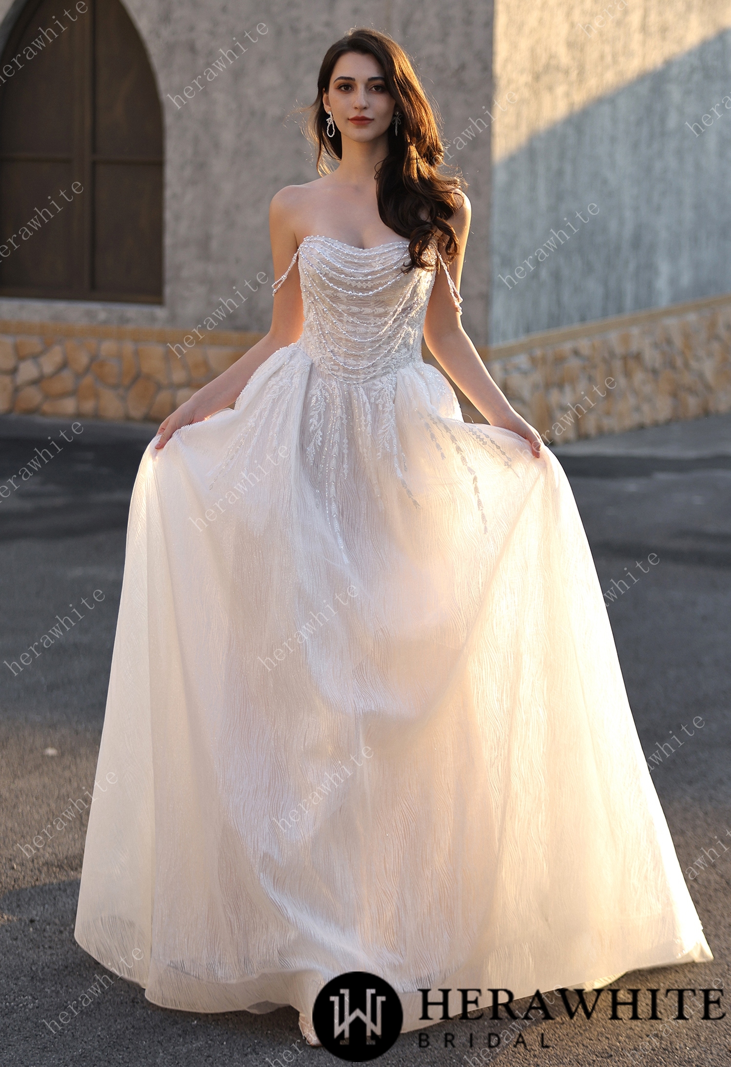 Strapless Ballgown Wedding Dress with Beaded Chain Shoulder Accent