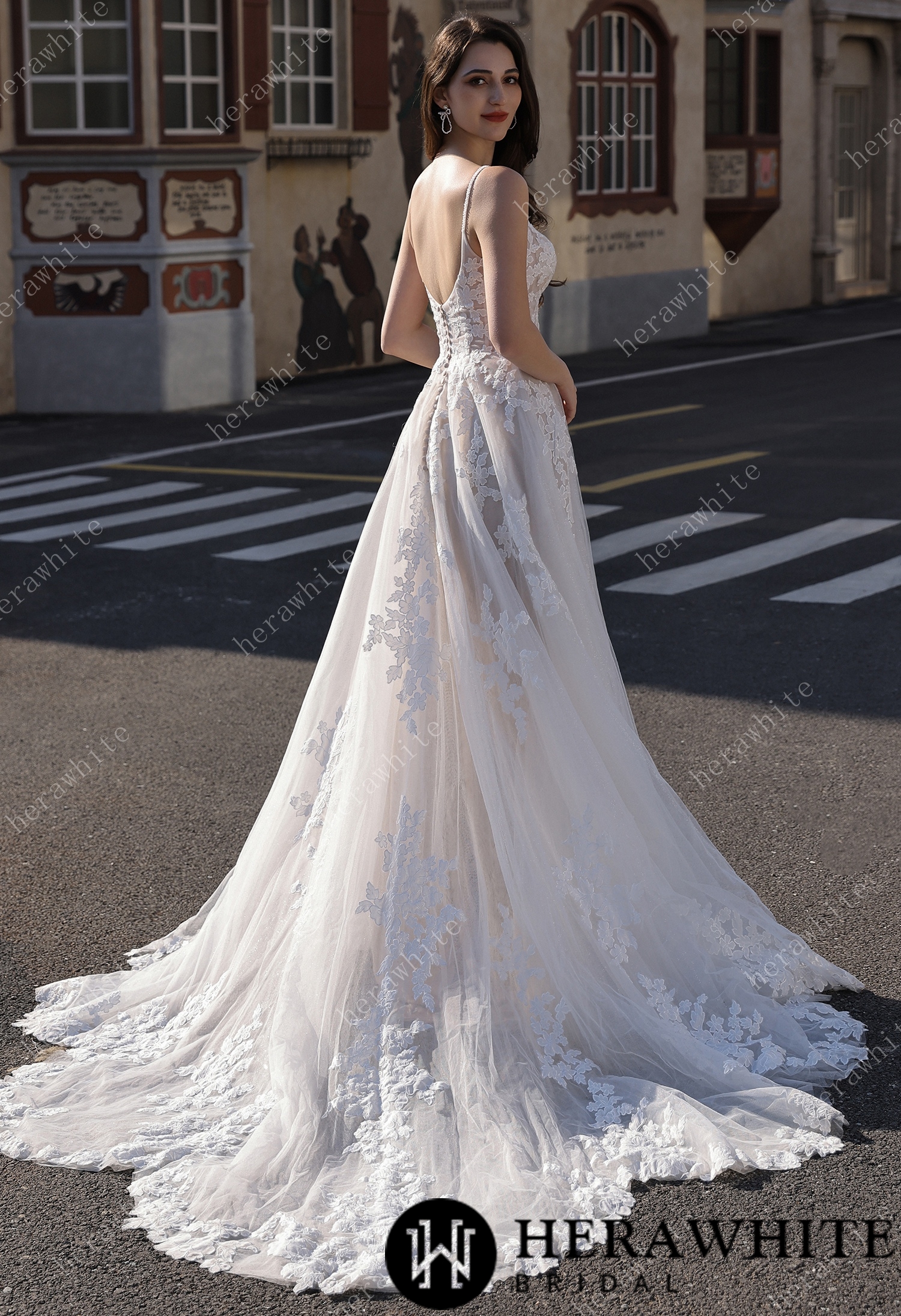 Spaghetti Strap Bridal Gown With Dramatic Lace Train