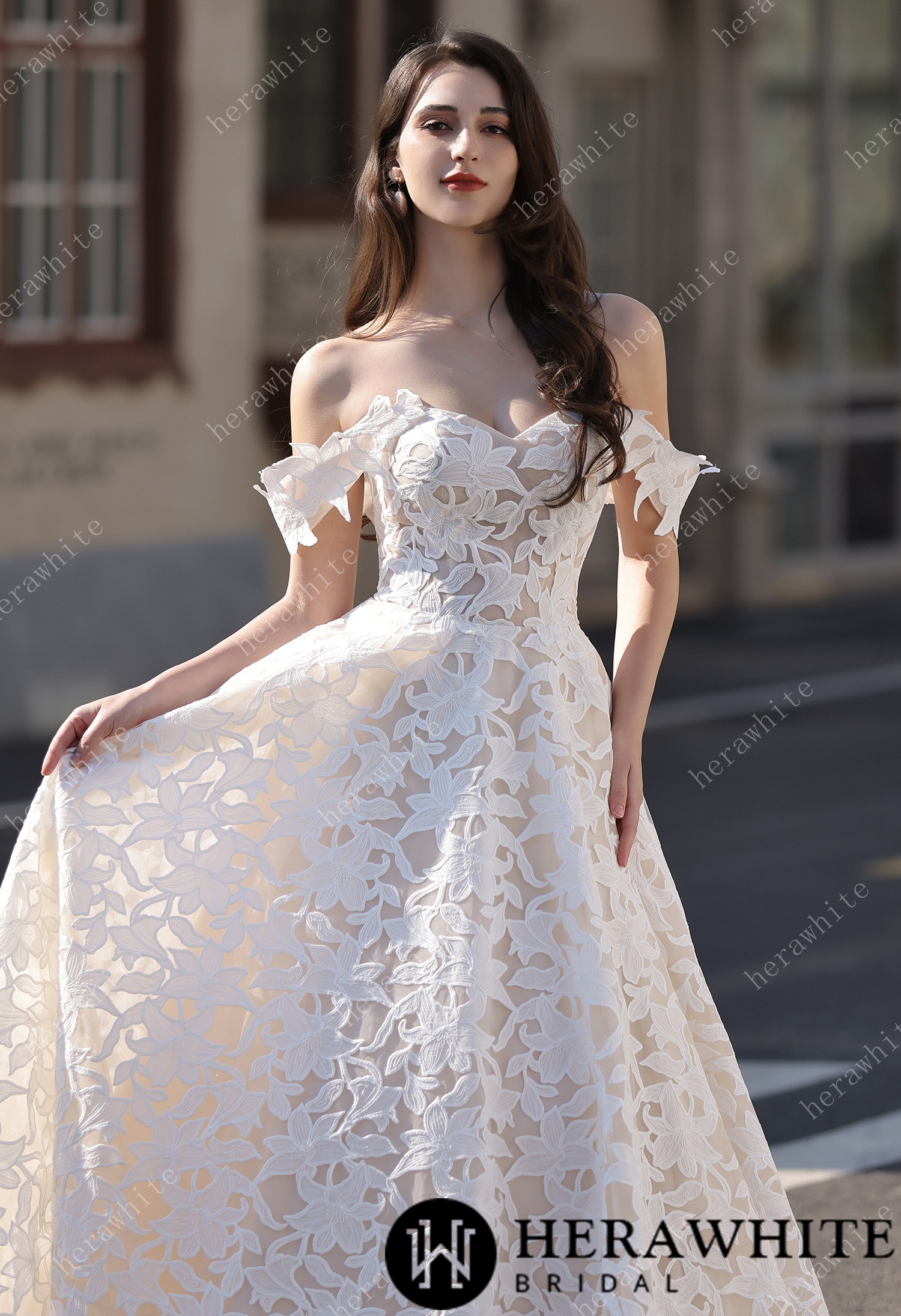 Romantic Off-the-Shoulder  Princess Dress In Floral Lace