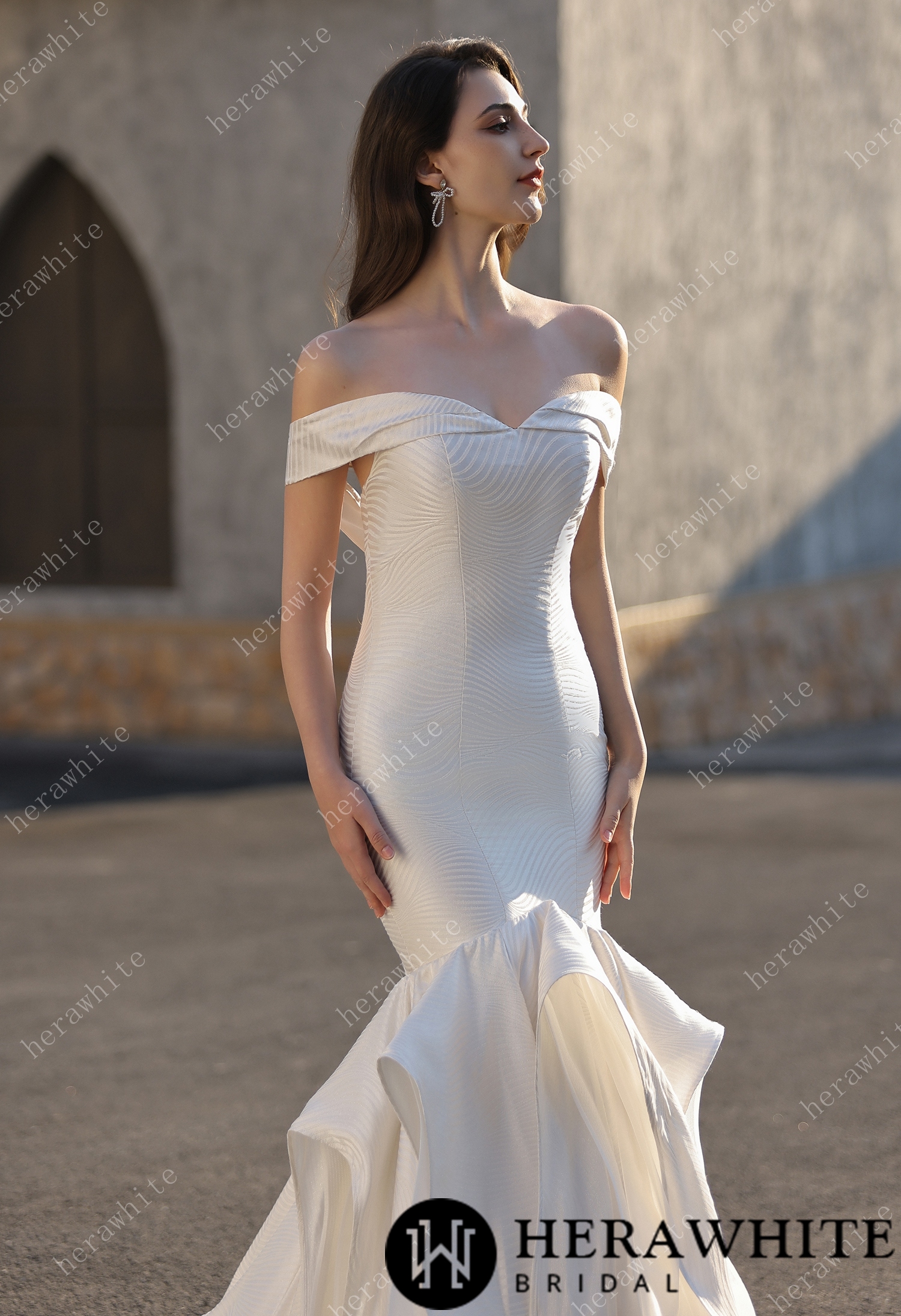 Off-the-Shoulder Textured  Fit And Flare Silhouette Wedding Dress With Ruffle Skirt