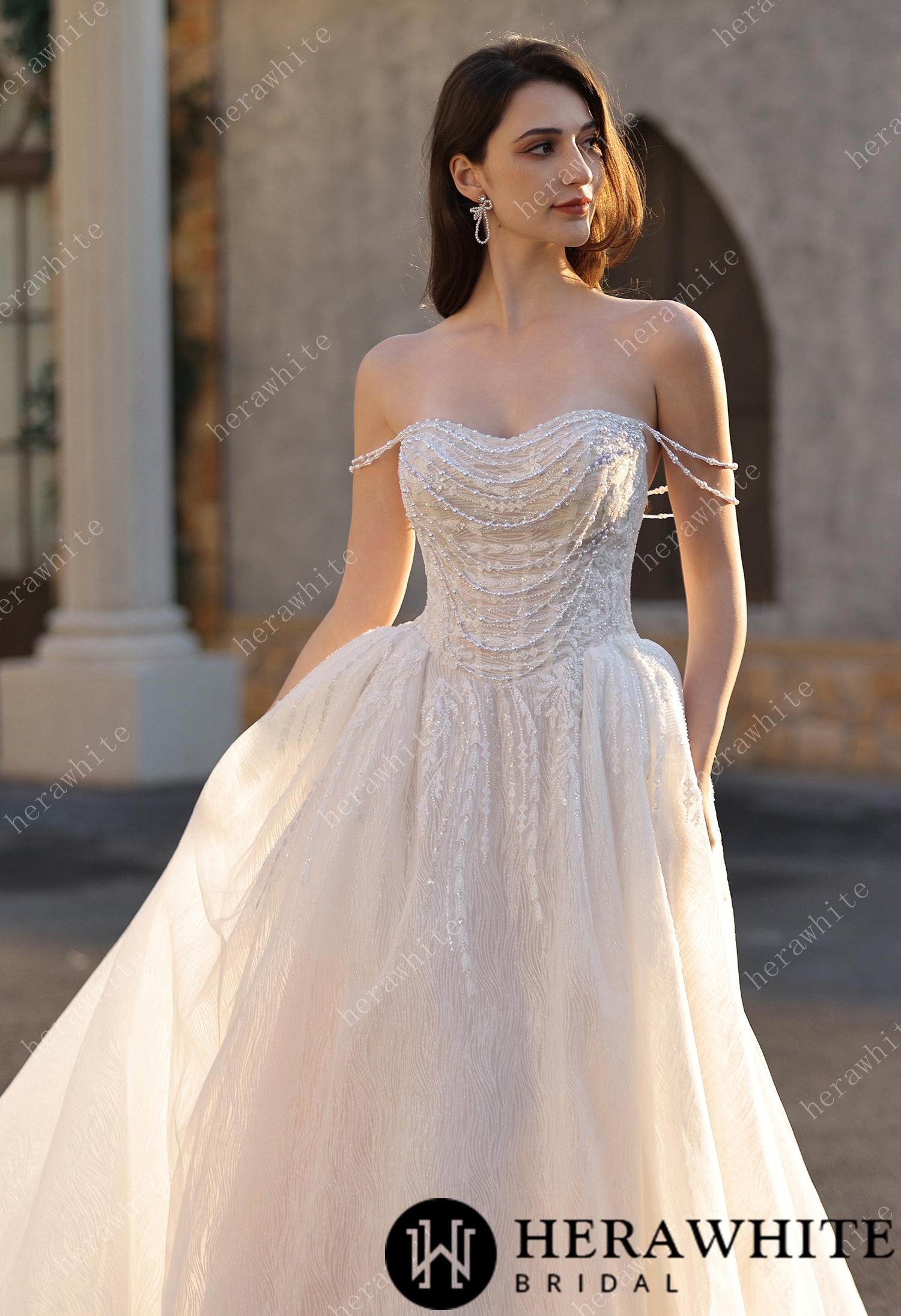 Strapless Ballgown Wedding Dress with Beaded Chain Shoulder Accent