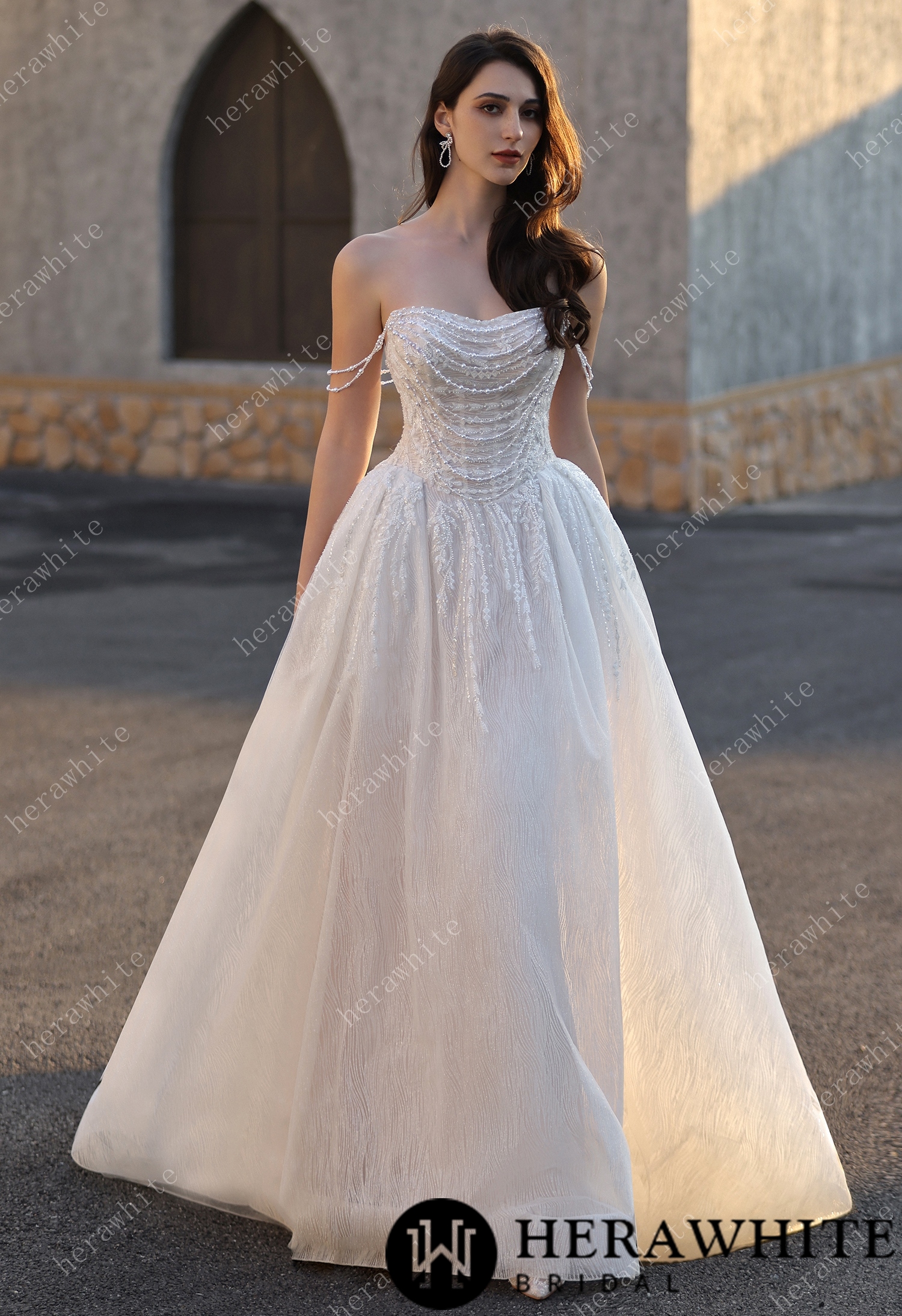 Strapless Ballgown Wedding Dress with Beaded Chain Shoulder Accent