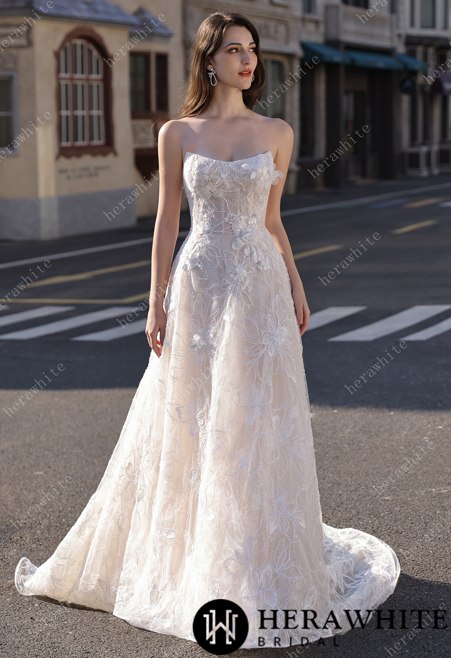 Strapless Sparkle Lace Bridal Gown with 3D Flowers