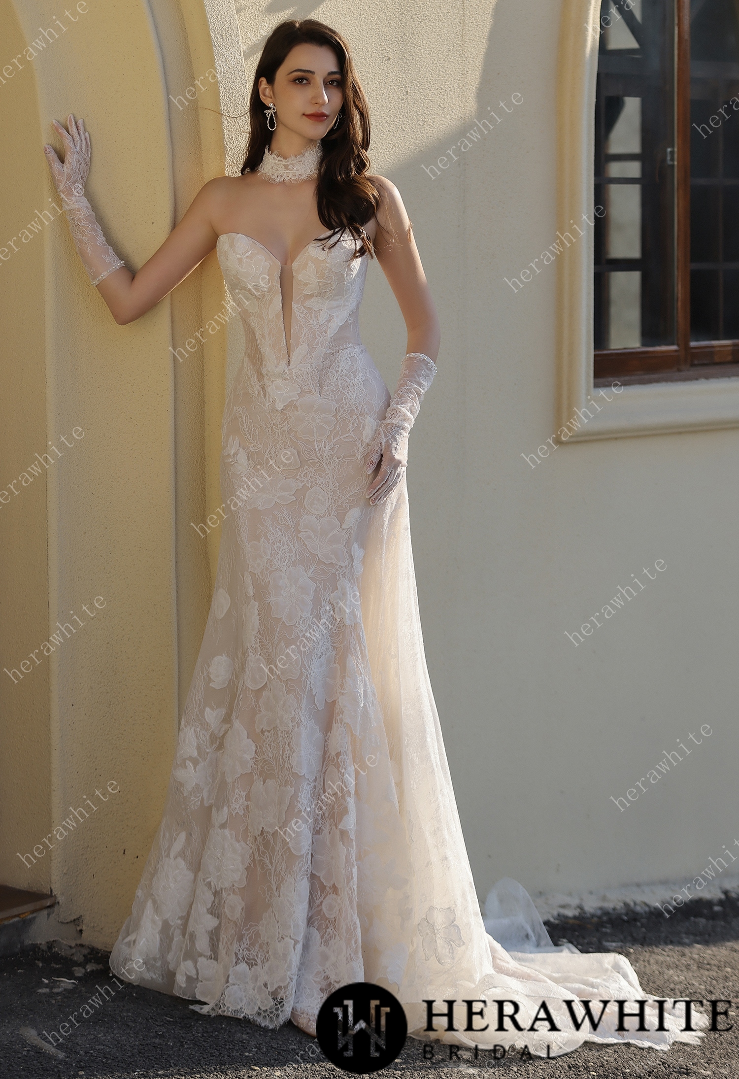 Dramatic Plunging V Neckline & Underlay Lace with Floral Embroidery Lace Sheath Dress