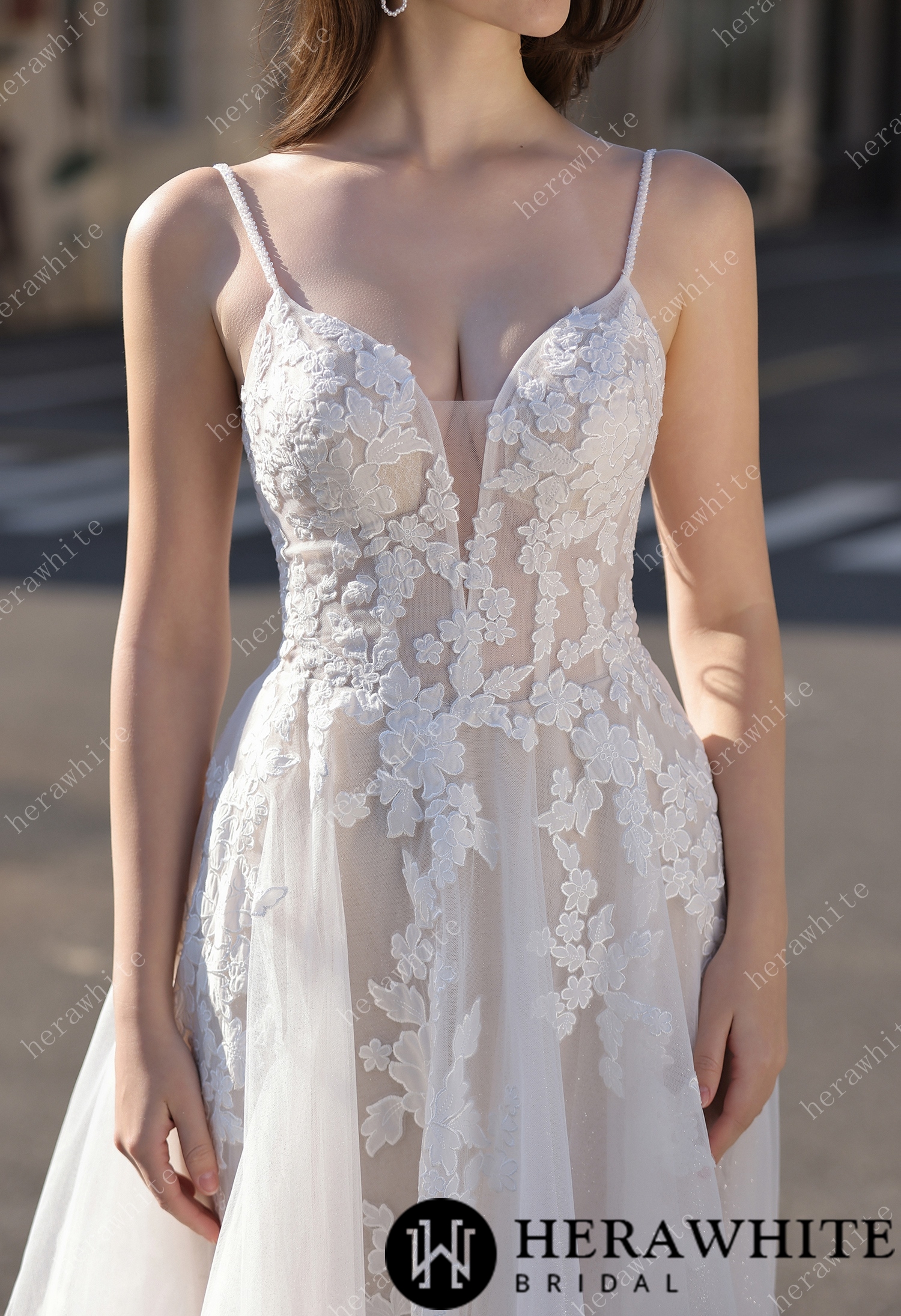 Spaghetti Strap Bridal Gown With Dramatic Lace Train