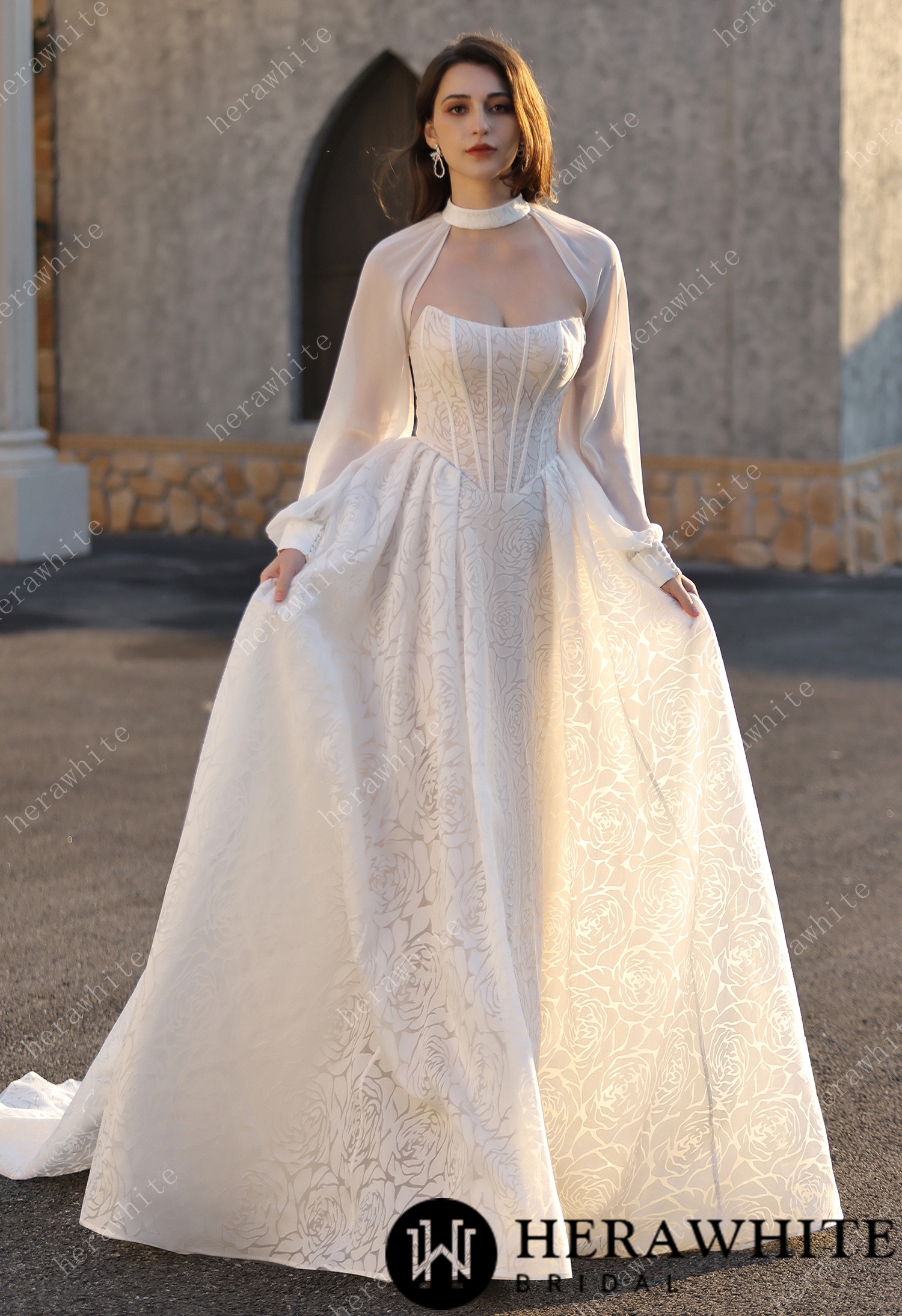 A-line Wedding  Gown In A Floral Print Organza With Detachable Cape
