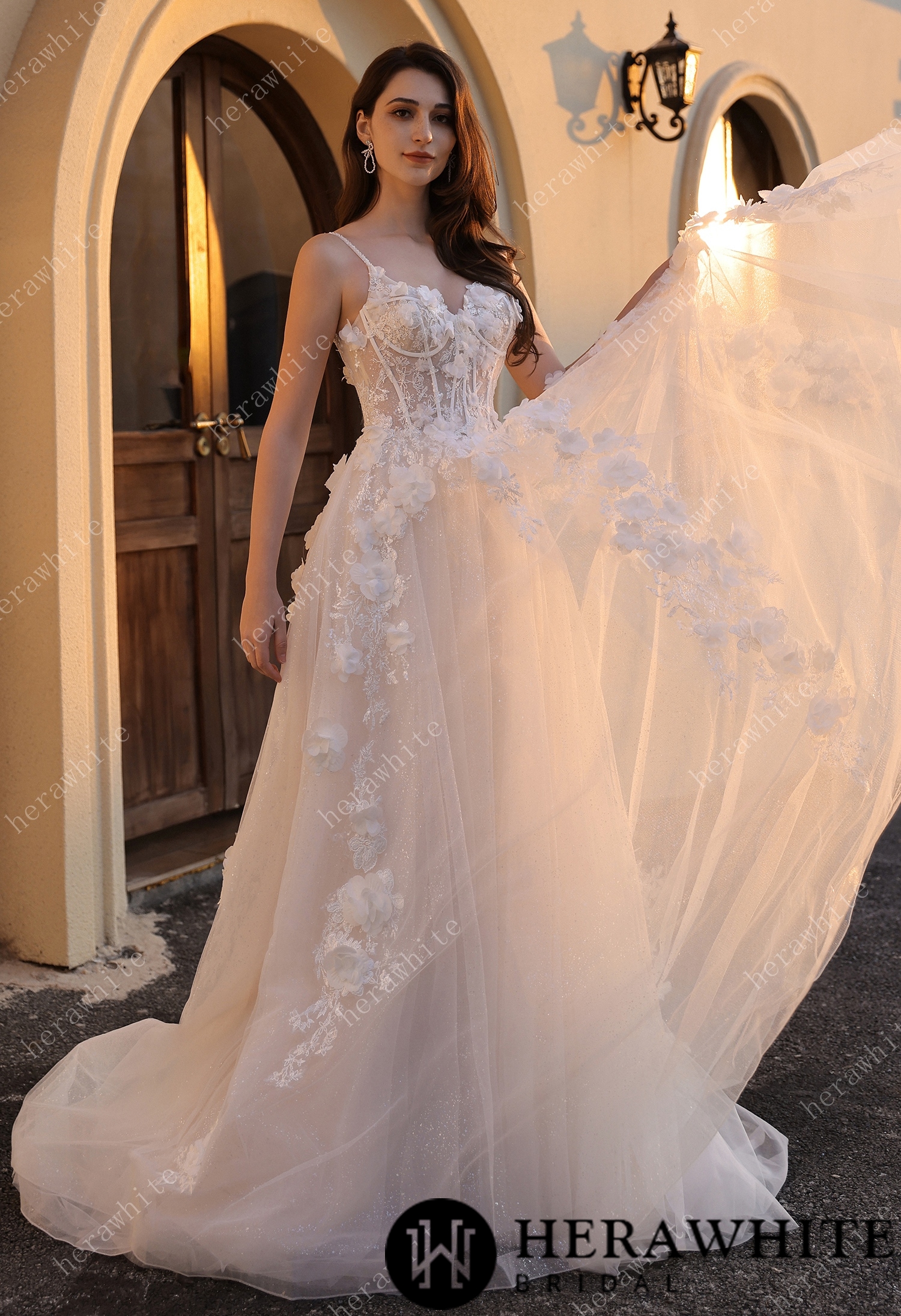 Spaghetti Strap 3D Floral Tulle Wedding Gown – Ethereal Ivory Bridal Dress with Train