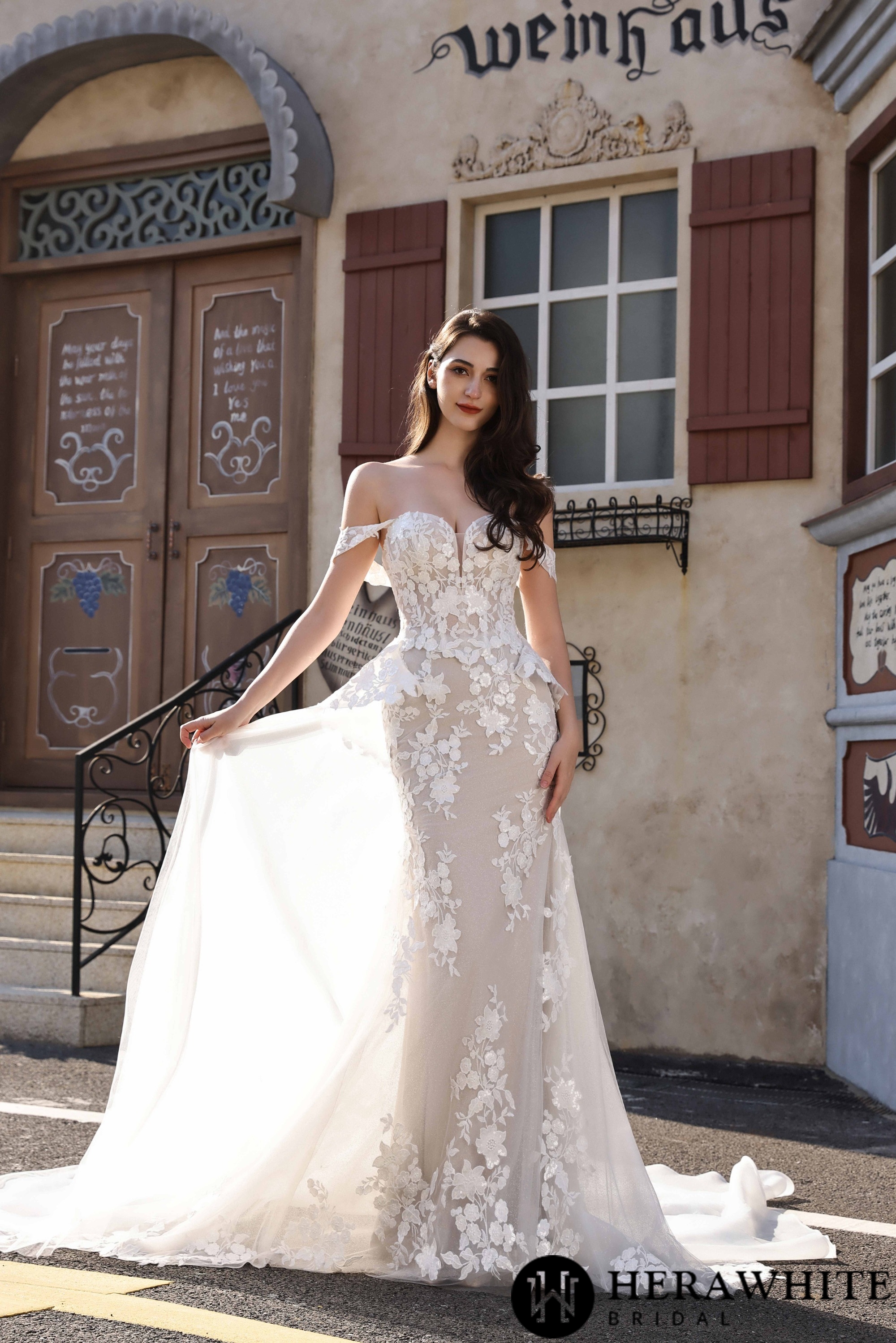 Couture Off-the-Shoulder Floral Lace Mermaid Gown With Detachable Overskirt